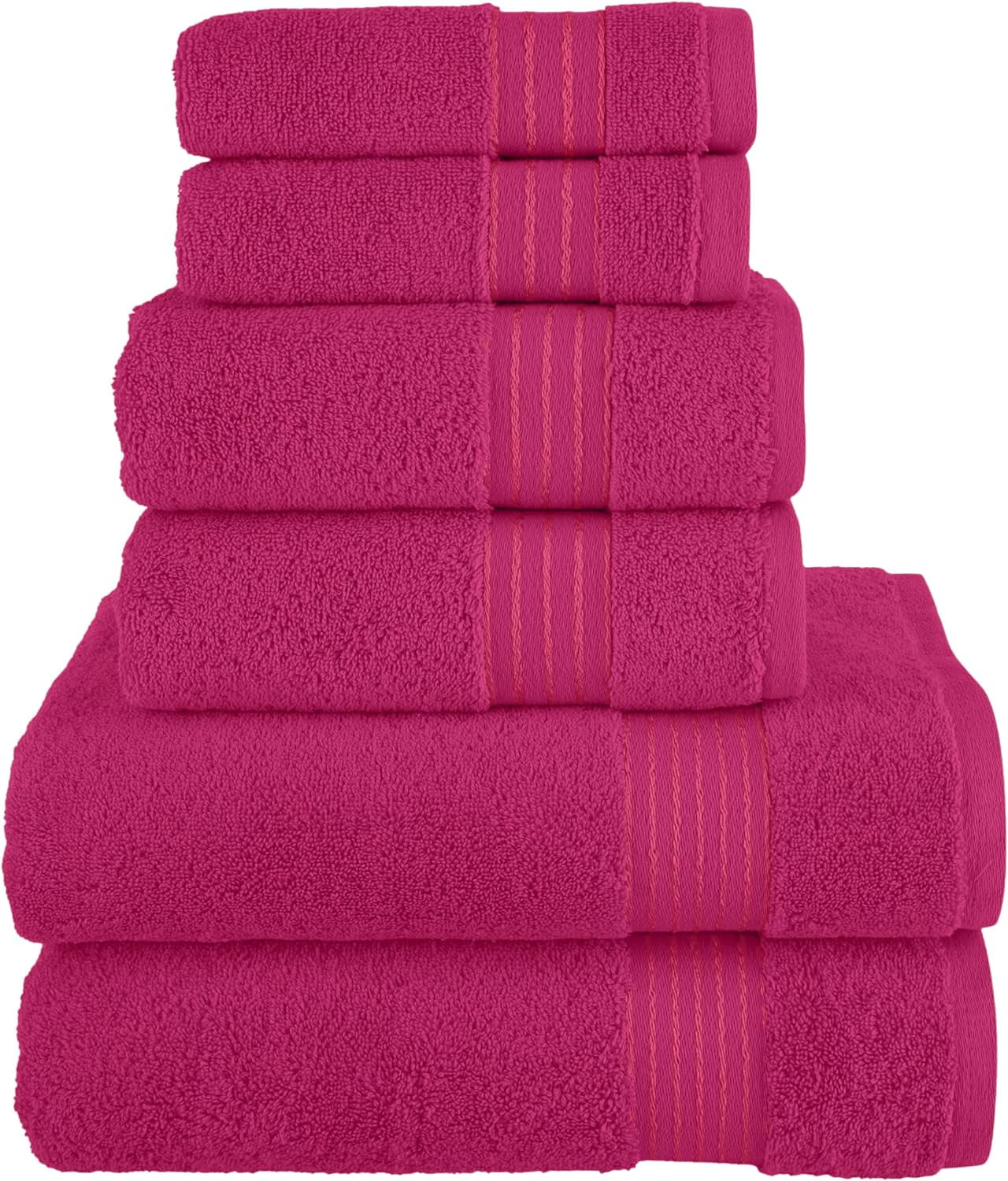 100% Turkish Cotton 6 Pcs Bath Towel Set, Luxury Bath Towels for Bathroom, Soft & Absorbent Bathroom Towels Set (2 Bath Towels, 2 Hand Towels, 2 Washcloths), Hot Pink