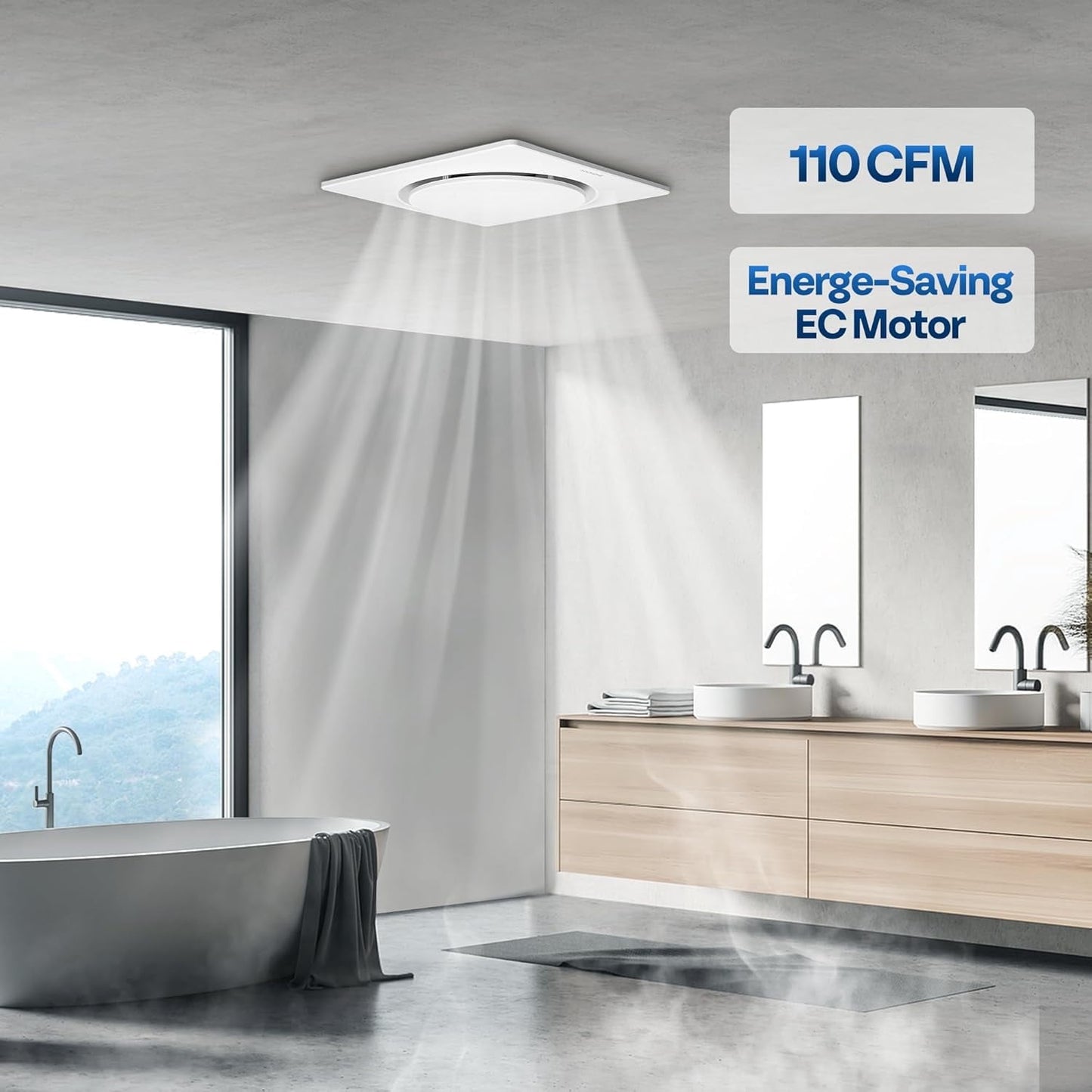 110 CFM Bathroom Exhaust Fan, Energy-Efficient EC Motor, 10.2-Inch Retrofit Ventilation Fan with Installation Kit and 4-Inch Duct – No Attic Access Needed