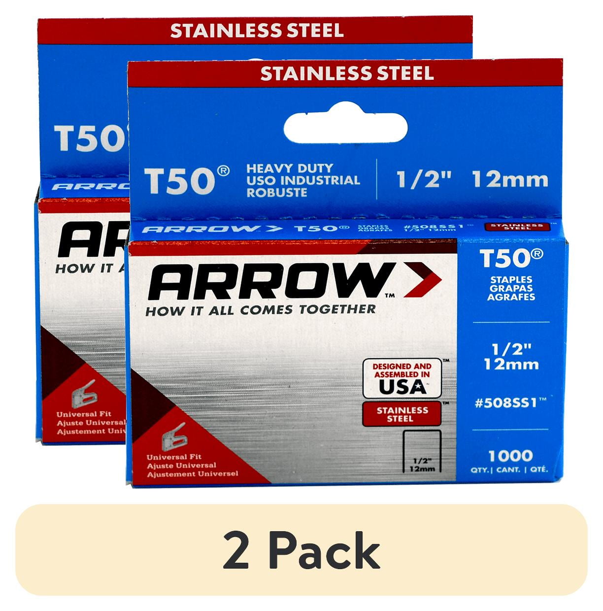 (2 pack) Arrow T50 Stainless Steel Staples 1/2 Inch, 1000 Count - Heavy Duty, Versatile for Upholstery and Home Improvement