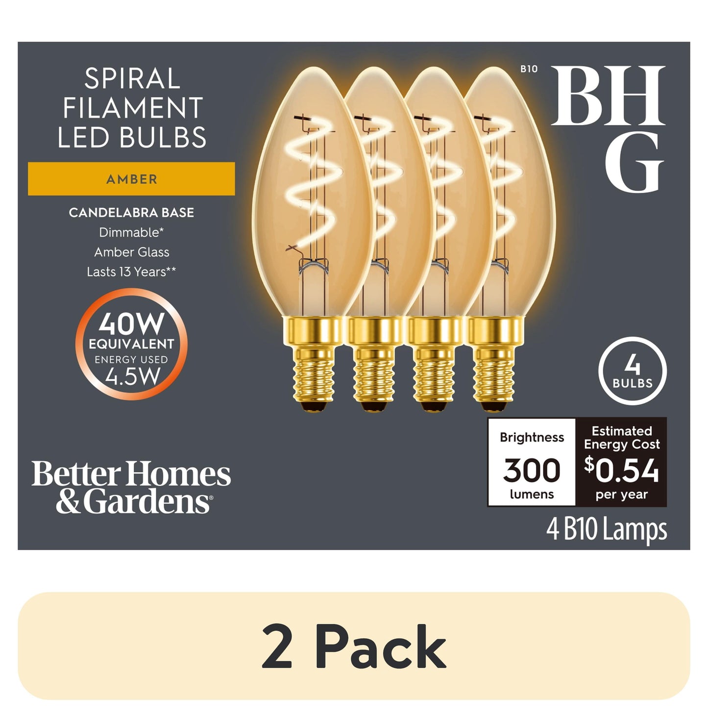 (2 pack) BH&G LED Light Bulb, 4.5 Watts (40W Equiv.) B10 Candle Bulb Dimmable E26 Medium Base, Ultra Warm 4 Pack