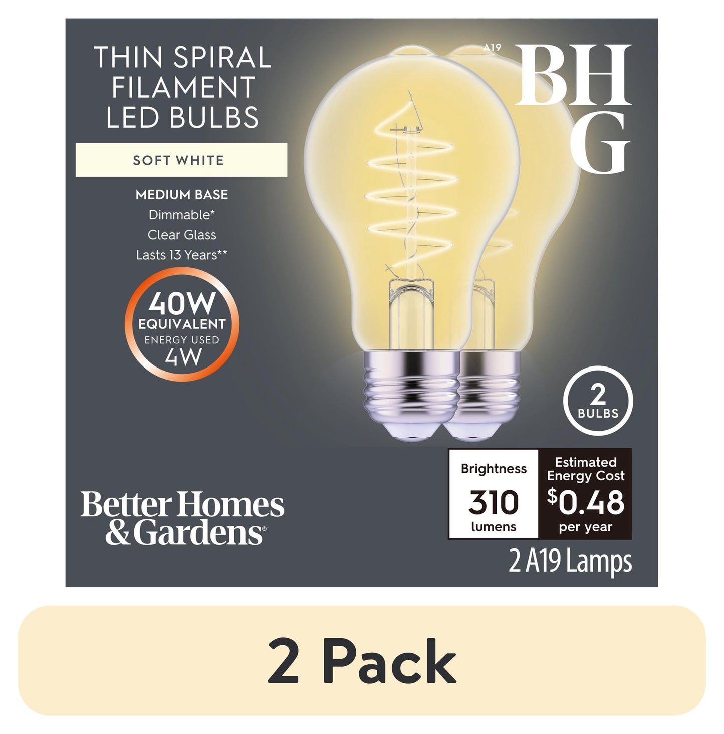 (2 pack) Better Homes & Gardens A19 LED Vintage Light Bulb, 4 Watts (40W Equivalent), Soft White, Thin Filament, E26, 2PK