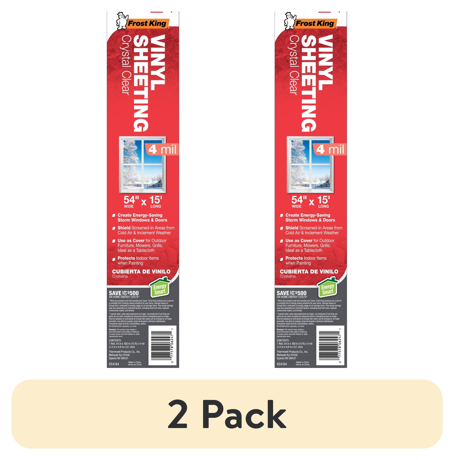 (2 pack) Frost King® V54184 Crystal Clear Vinyl Sheeting / Surface Protection Film, 54" X 15' X 4Mil