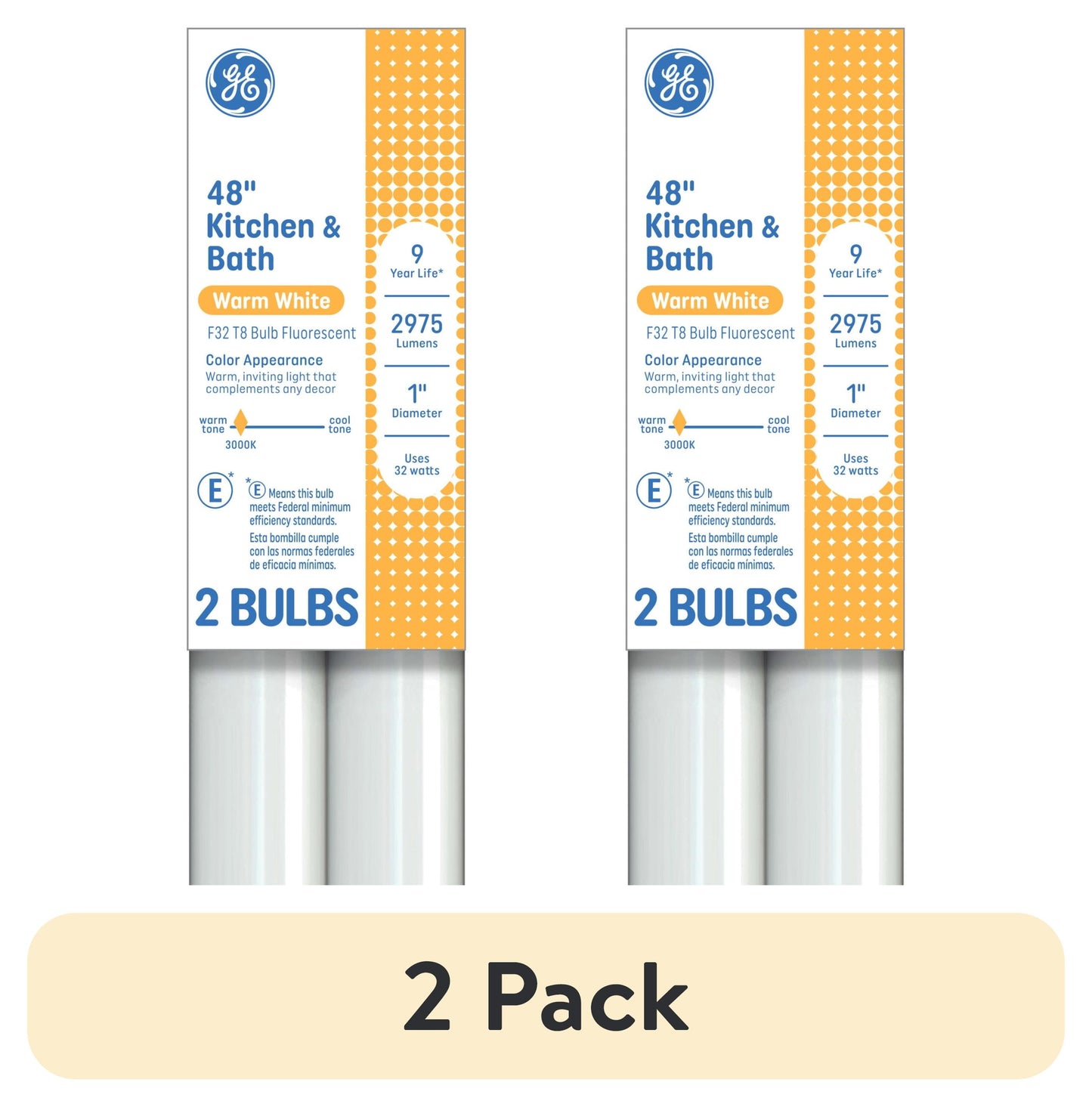 (2 pack) GE Fluorescent Tube Light Bulbs, 32 Watt, Warm White, 48in, T8 Bulb, G13 Base, 2pk