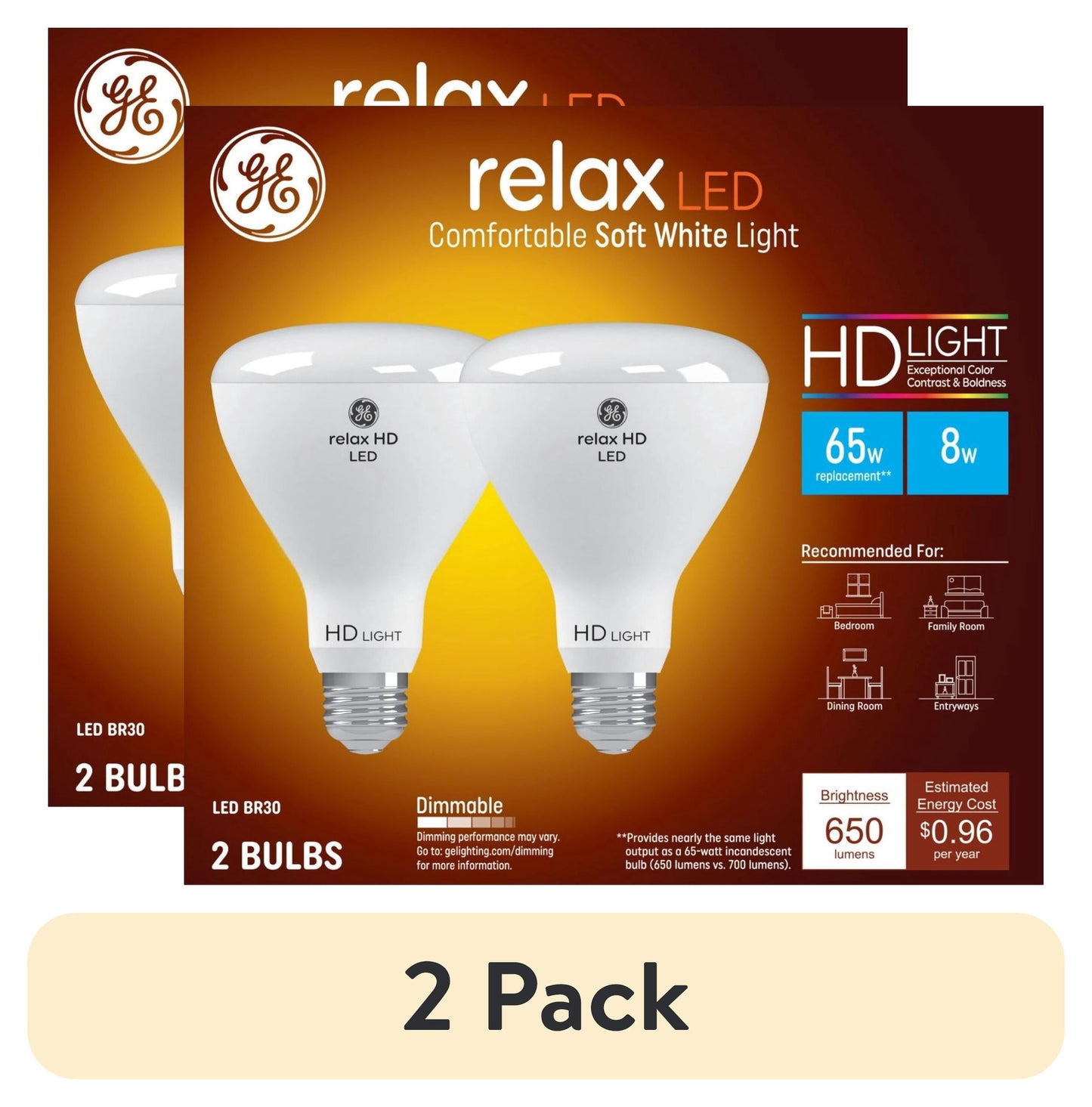 (1 pack) GE Relax HD LED Light Bulbs, 65 Watt, Soft White, BR30 Indoor Floodlight, Medium Base, 2pk
