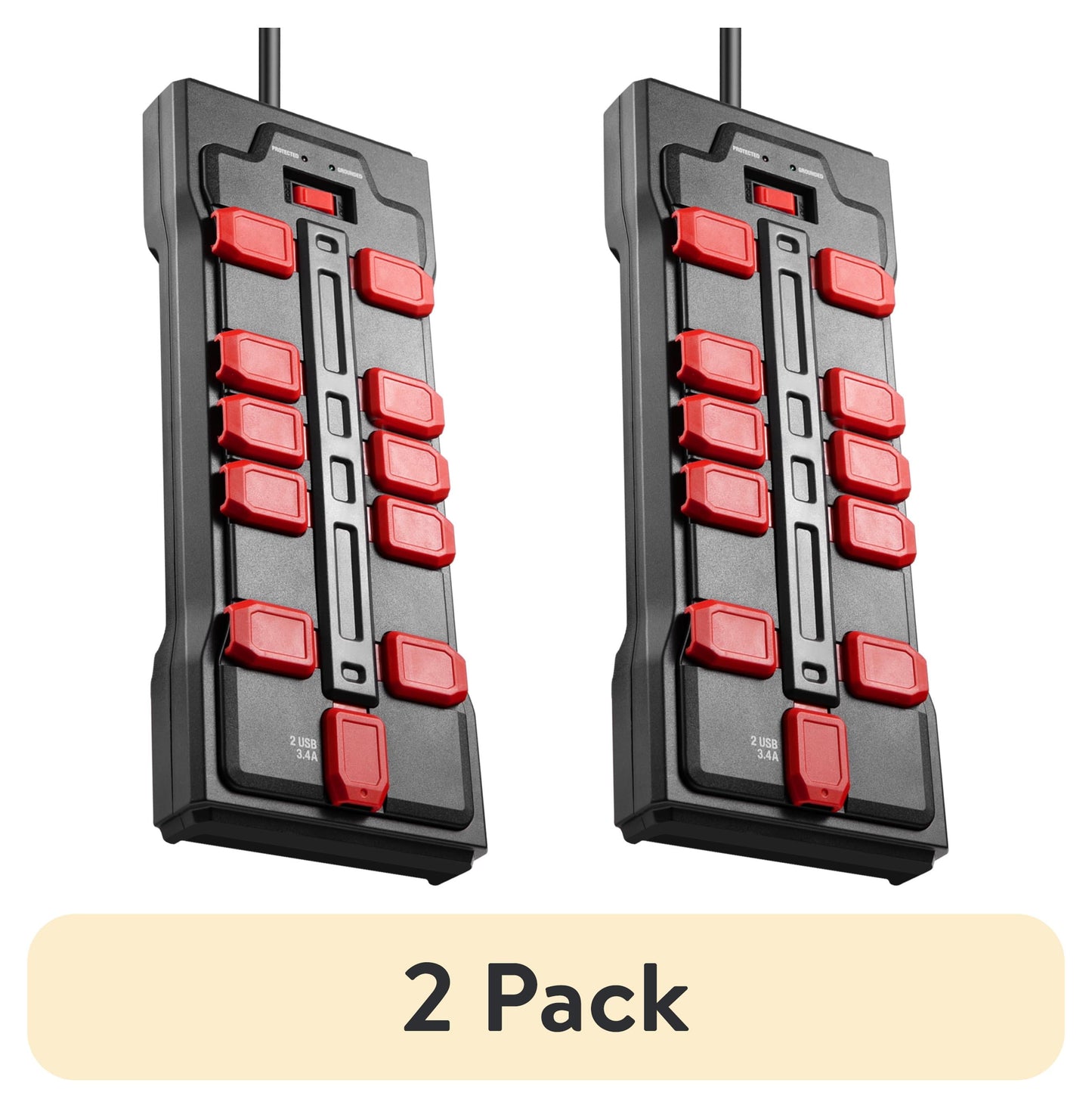 (2 pack) Hyper Tough Surge Protector Power Strip with Usb, 10 Safety Outlets, 10ft Extension Cord, Black/Red