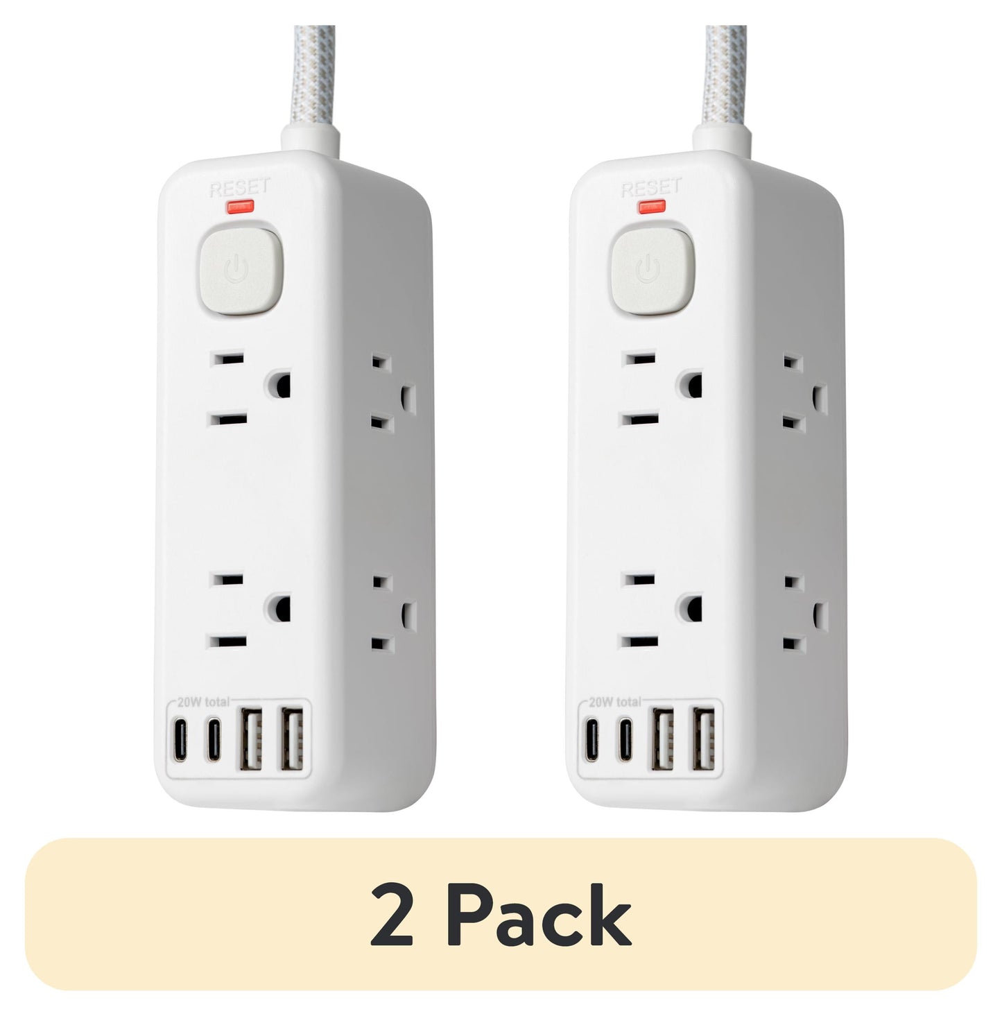 (2 pack) Hyper Tough USB Power Strip, 3ft Extension Cord, 6 Outlet, USB-A, USB-C, 900J Surge Protector, White