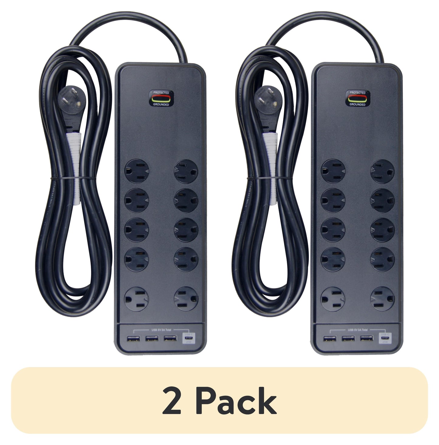 (2 pack) Hyper Tough Indoor 10-Outlet 10ft Surge Protector 2480-Joule Protection with 4 USB Ports, Black