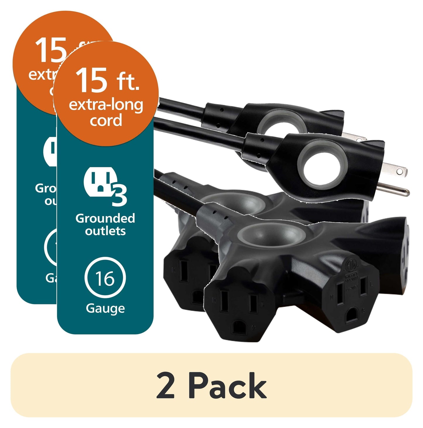 (2 pack) Philips EZGrip 15FT Black Extension Cord 3 Prong with Multiple Outlets Outdoor Indoor 16AWG