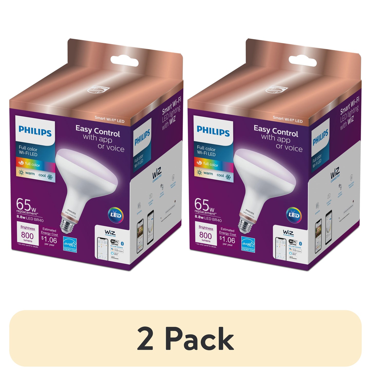 (2 pack) Philips Smart Wi-Fi Connected LED 65-Watt BR40 Flood Light Bulb, Frosted Color, Dimmable, 110º Beam Angle, E26 Medium Base (1-Pack)