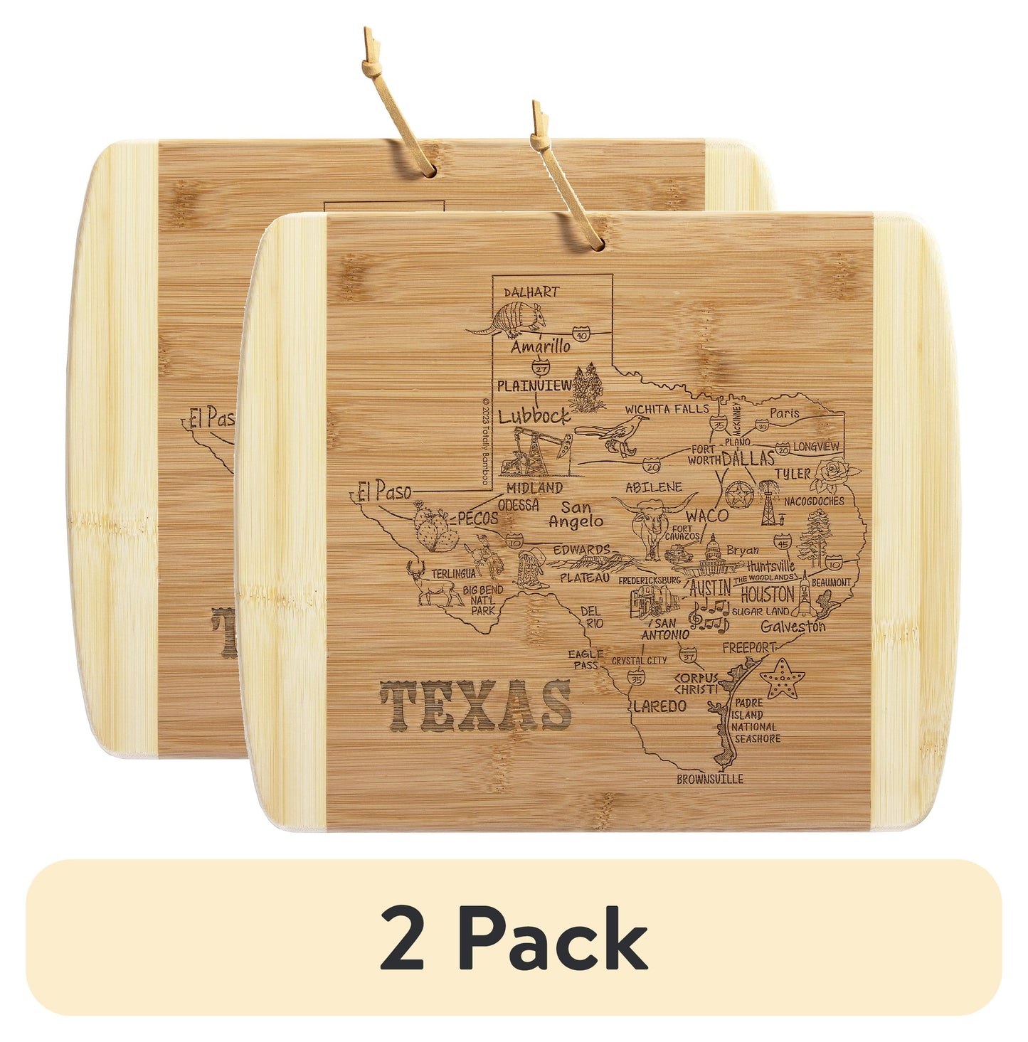 (2 pack) TB Home Texas State Bamboo Wood Cutting Board and Charcuterie Serving Platter, 13†x 11â€