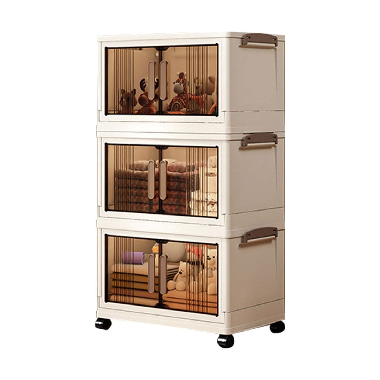 Gabinete de Almacenamiento Apilable de 28"H con Puertas y Ruedas, Contenedor Organizador de Plástico Ajustable de 3 Niveles para Almacenamiento en Hogar, Oficina, Garaje, Blanco