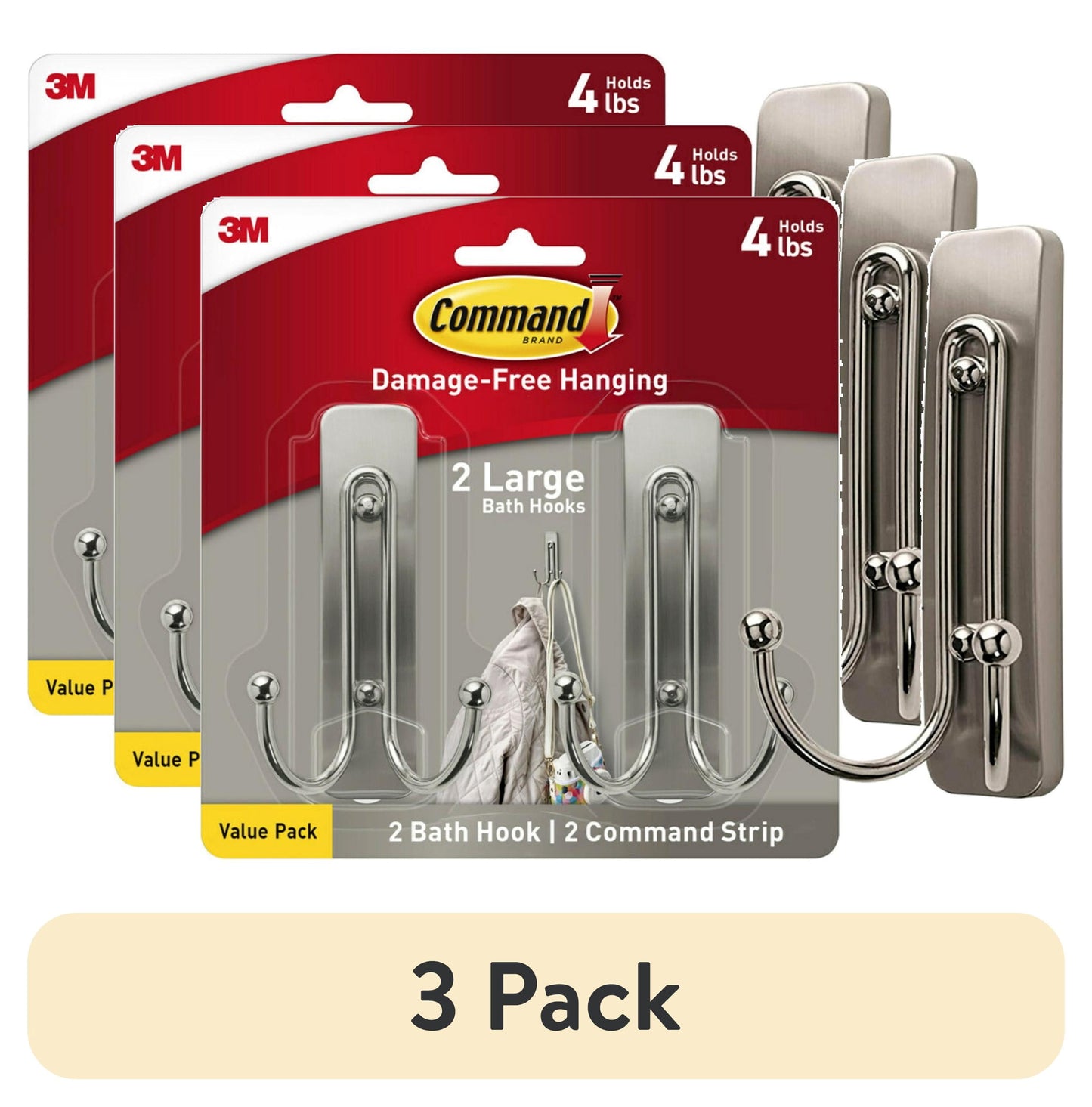 (3 pack) Command Large Double Wall Hooks, Brushed Nickel, Damage Free Decorating, 2 Hooks