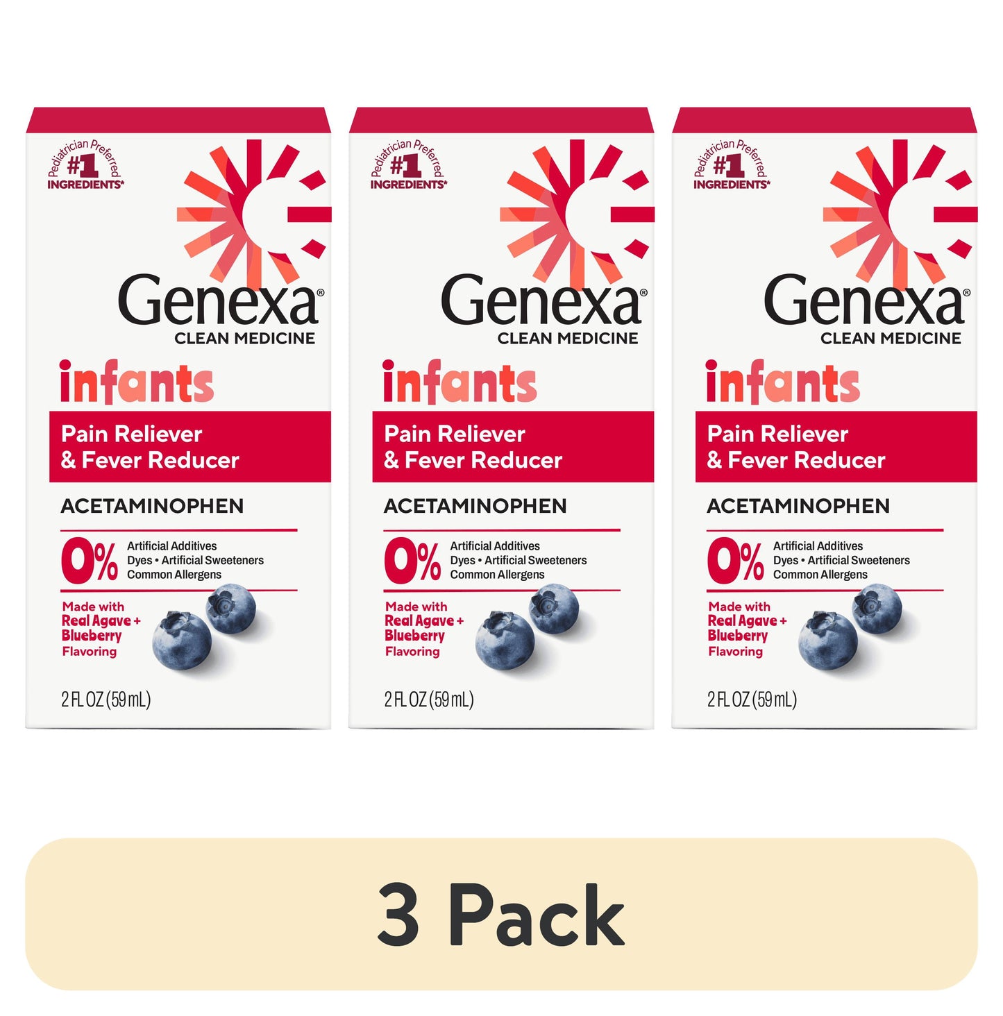 (3 pack) Genexa Acetaminofén Limpio para el Dolor y la Fiebre de Bebés, sin Colorantes, Arándano Azul Orgánico, 2 fl oz