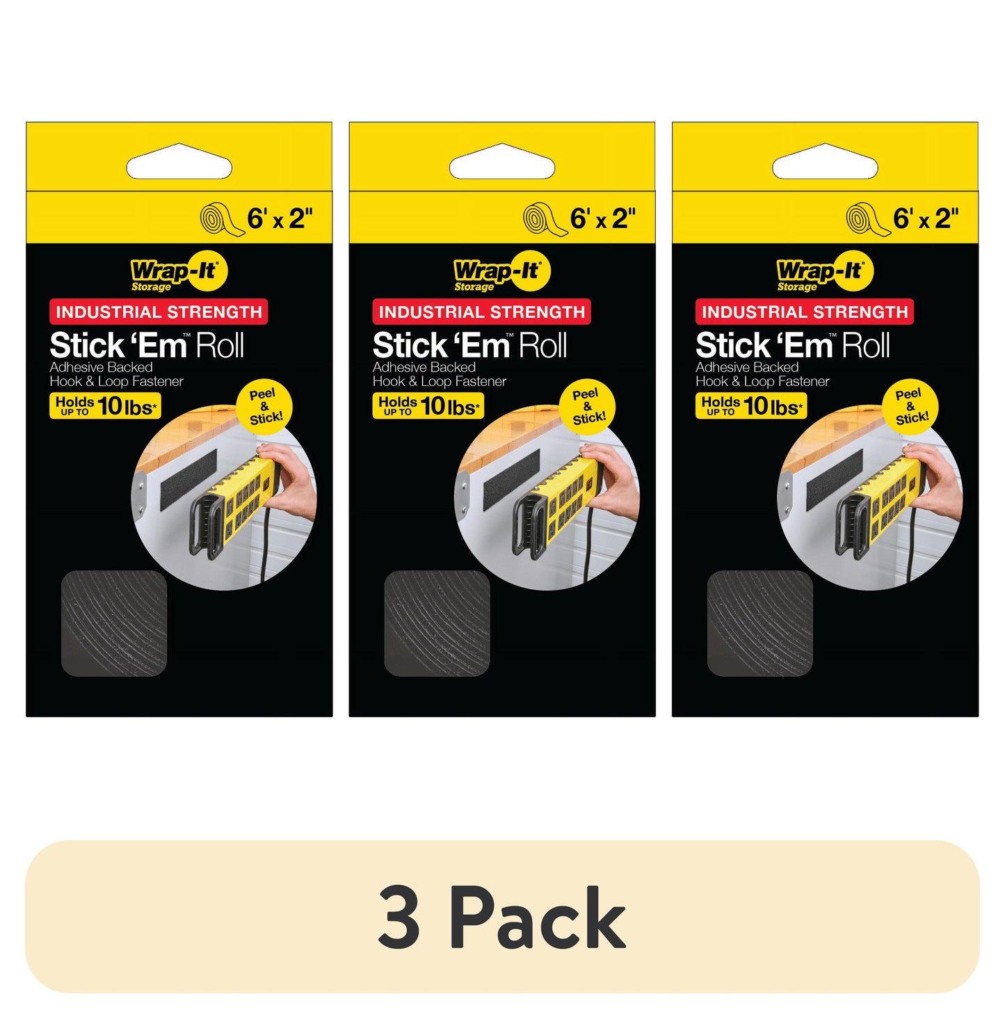 (3 pack) Stick 'Em Fuerza Industrial Rollo de Brasier Adhesivo de Gancho y Bucle de 6'x2â€