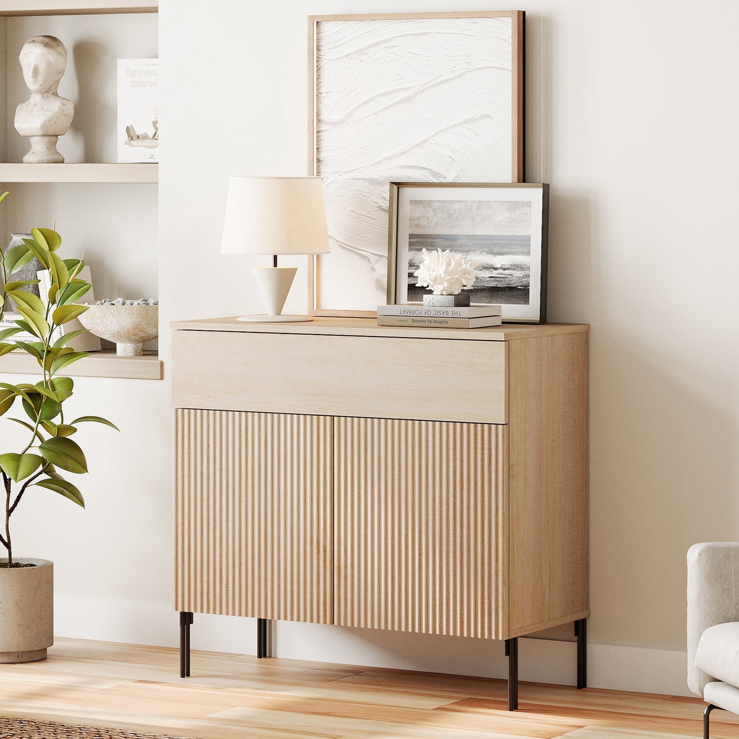 Gabinete Decorativo de 31.5" con 2 Puertas y Cajón, Moderno Gabinete de Almacenamiento con Patas de Metal para Sala de Estar, Cocina, Comedor, Pasillo