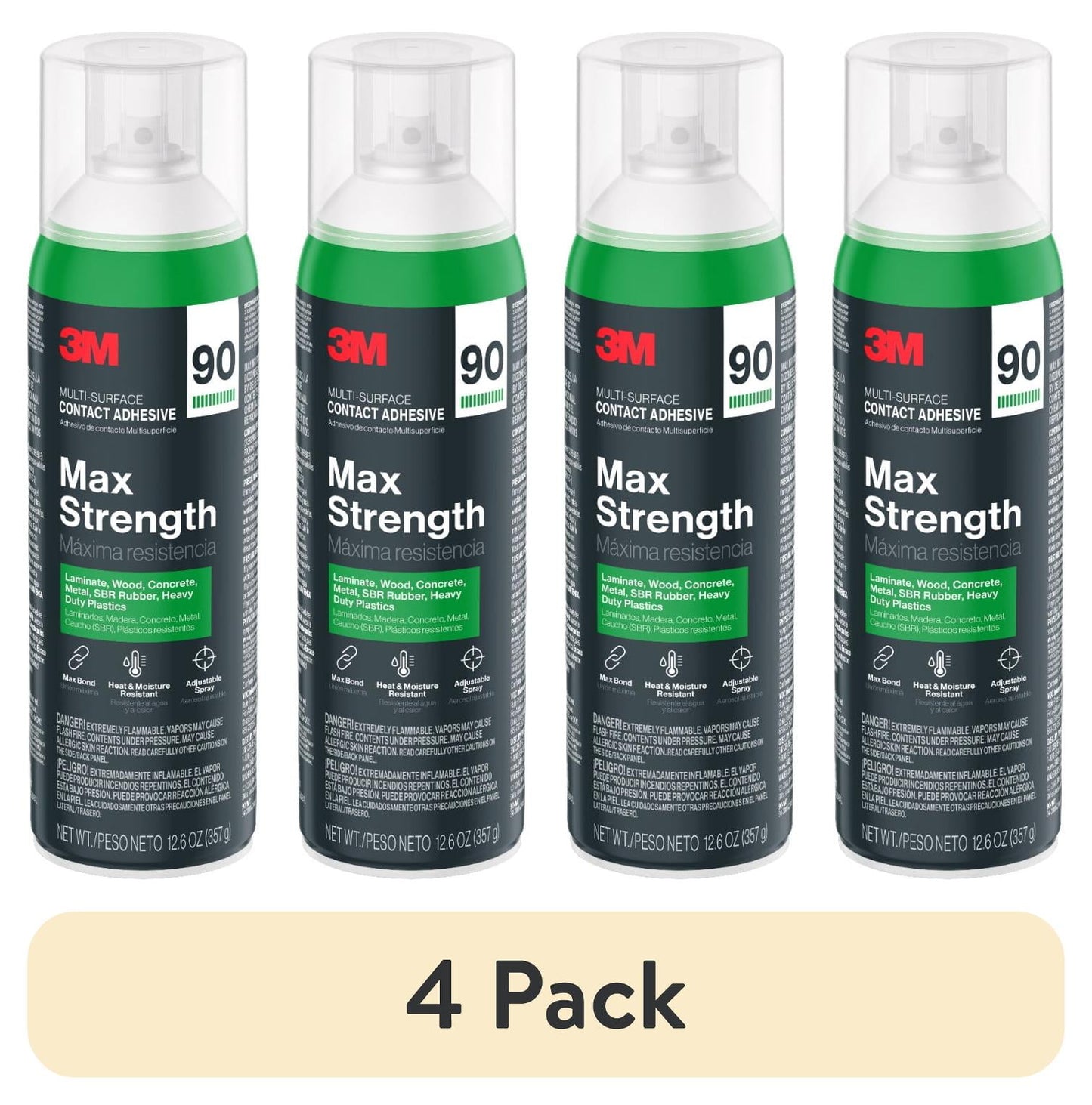 (4 pack) 3M Max Strength 90 Contact Adhesive, Heavy Duty Spray Glue, Contact Cement, Wall Repair, 12.6 oz
