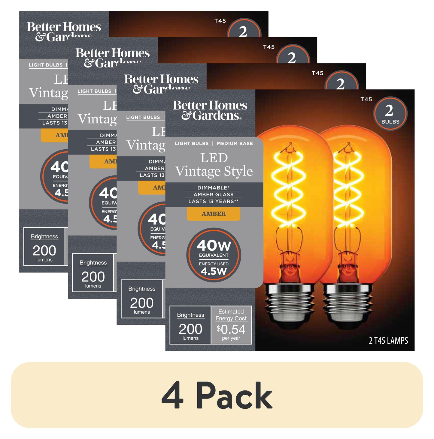 (4 pack) Better Homes & Gardens LED Vintage Light Bulb, T45 40 Watts Amber Spiral Filament, E26, Dim 2 Pack