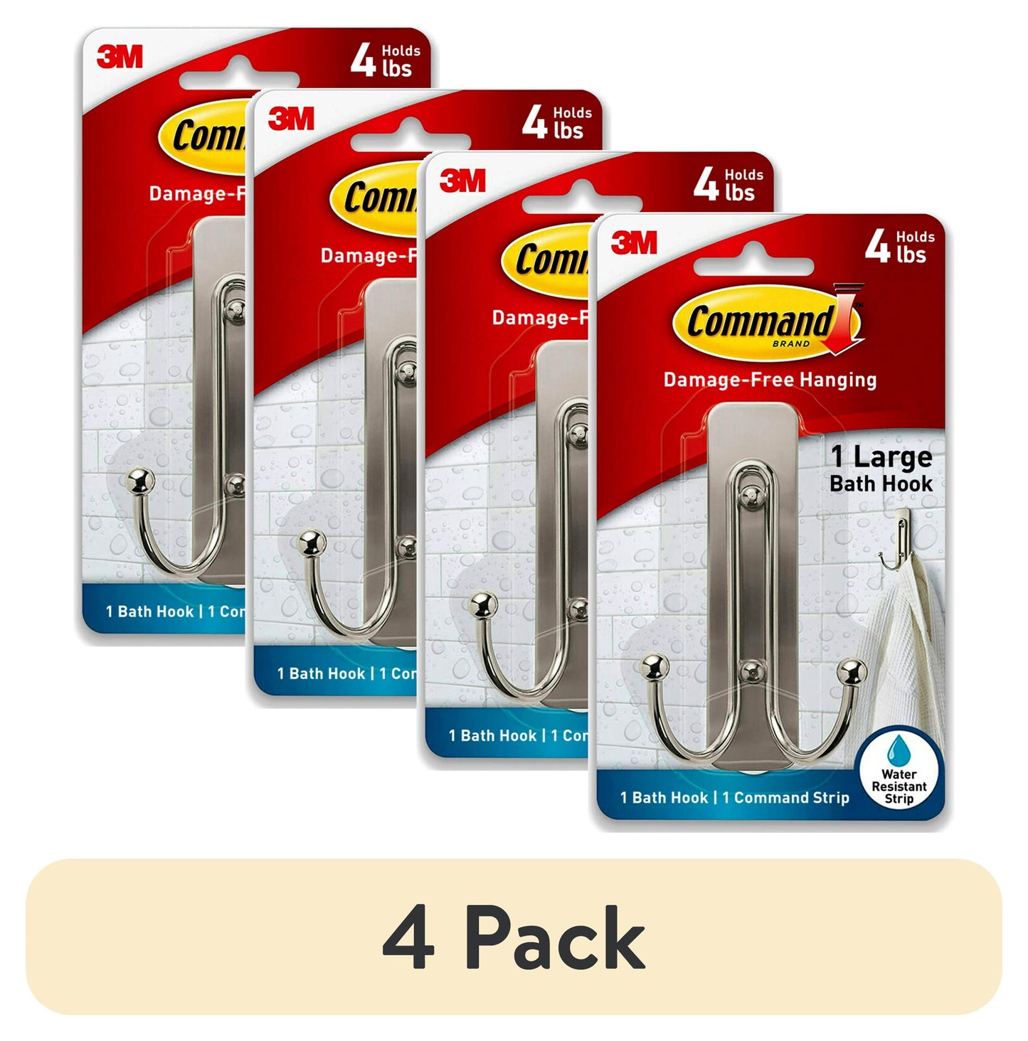 (4 pack) Command Large Double Bathroom Wall Hook, Satin Nickel, Damage Free Hanging, 1 Metal Hook