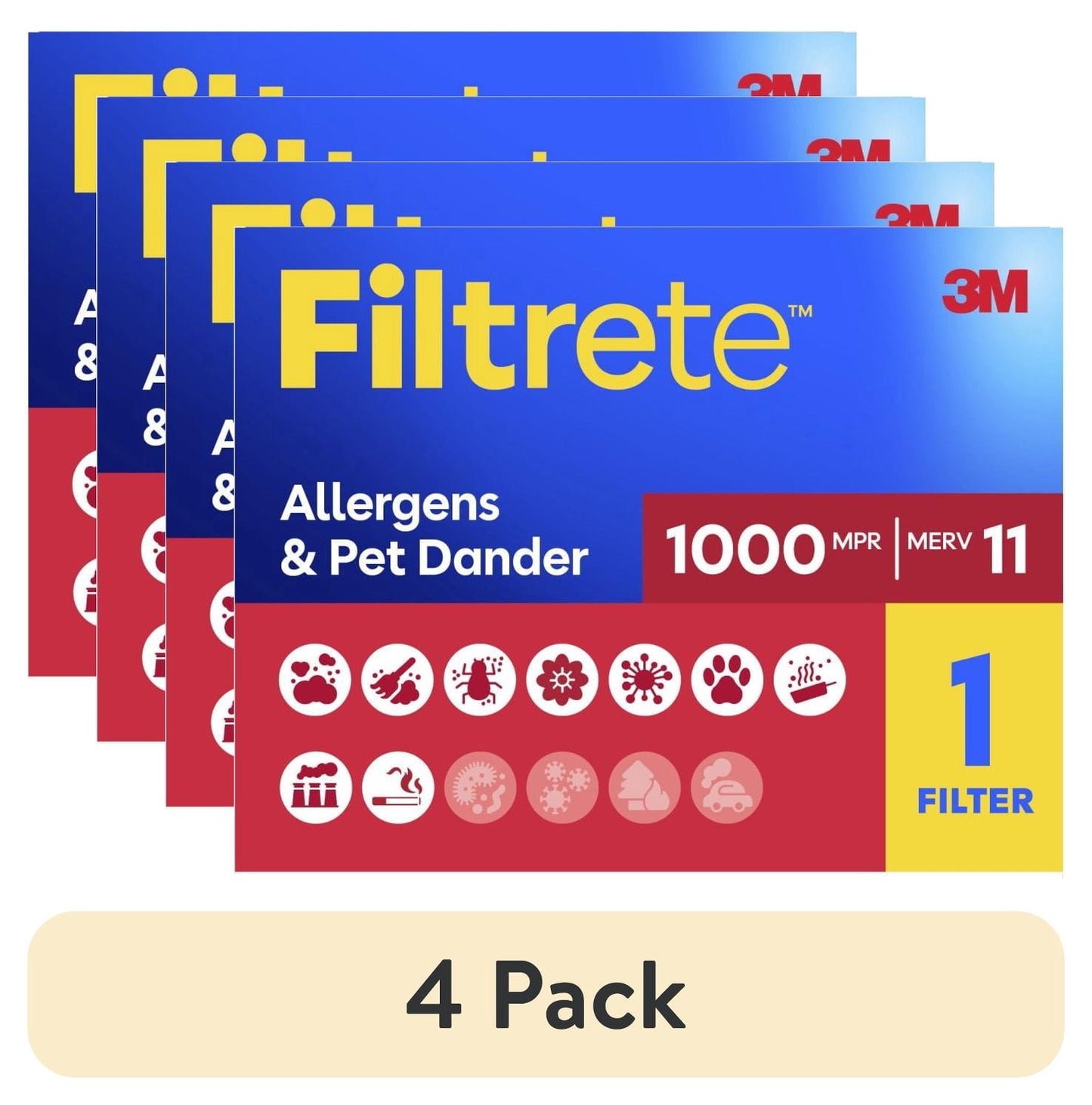 (4 pack) Filtrete 14x25x1 HVAC Furnace Air Filter, MPR 1000 MERV 11, Allergens & Pet Dander, 1 Filter