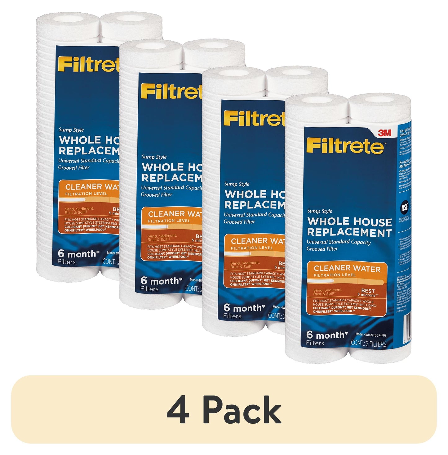 (4 pack) Filtrete Standard Capacity Whole House Grooved Replacement Water Filter, 4WH-STDGR-F02