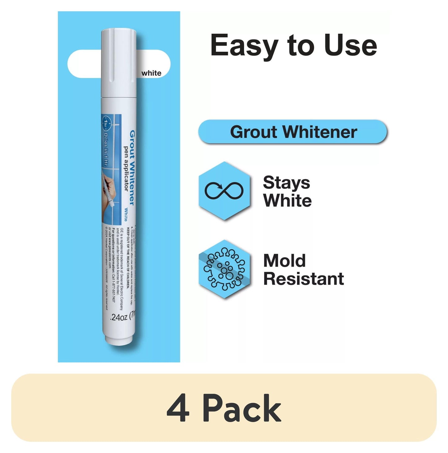 (4 pack) GE Grout Whitener, Pack of 1, White 1 Pen