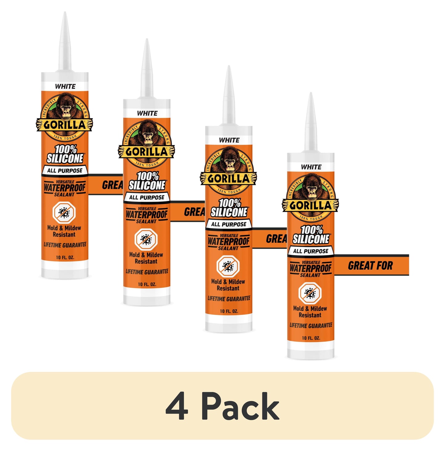 (4 pack) Gorilla Waterproof Caulk & Seal Silicone Sealant, 10oz Cartridge - White Caulking Sealant for Kitchen, Window, Bath, Marine, Door and More
