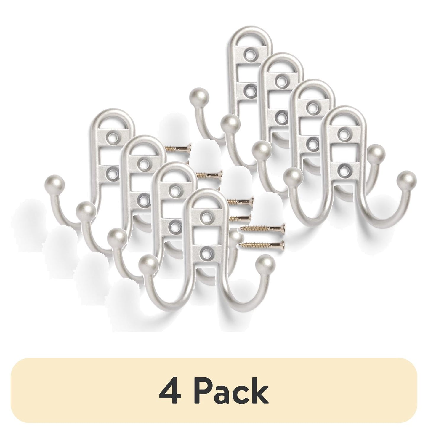(4 pack) Mainstays, Double Hook Satin Nickel Metal Hooks, Clutter-Free Hooks for Hanging Towels and Coats, 10 lbs Capacity, 3 Pack