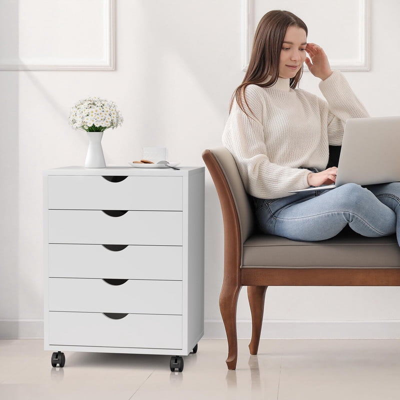 Simple Deluxe Adult 5-Drawer Chest with Wheels, Mobile Wood Storage Dresser for Office Bedroom Closet, White