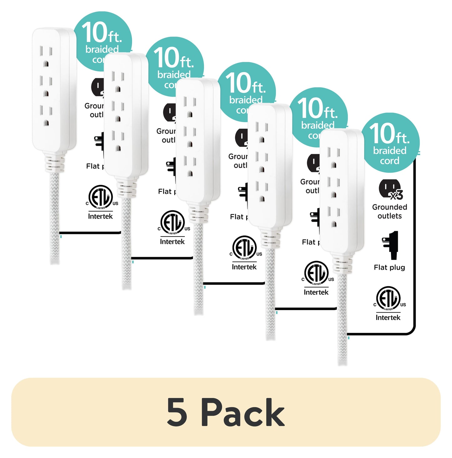 (5 pack) Cordinate 10ft. 3-Outlet Extension Cord, White/Gray – 39624