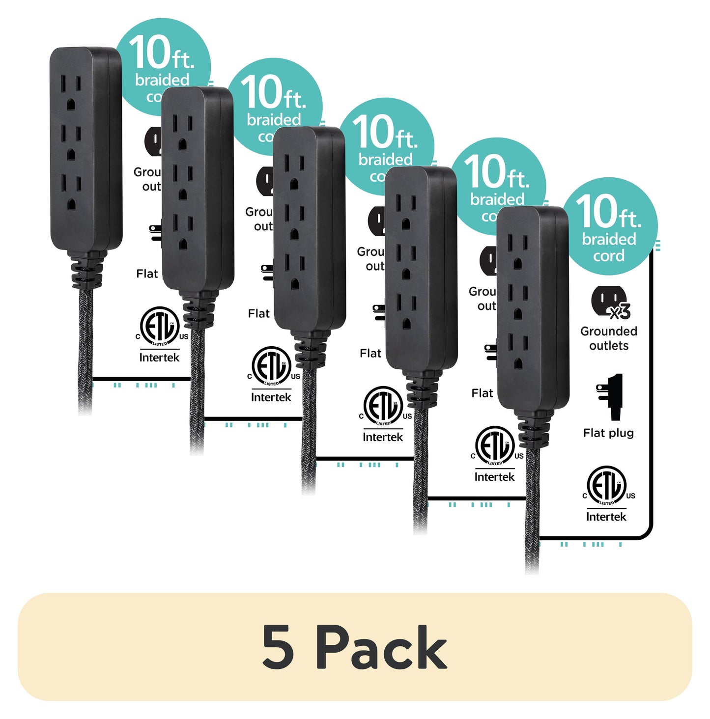 (5 pack) Cordinate Cable de Extensión de Diseñador, Cable de 3 Tomas de 10 Pies, Negro, Interior, 42024