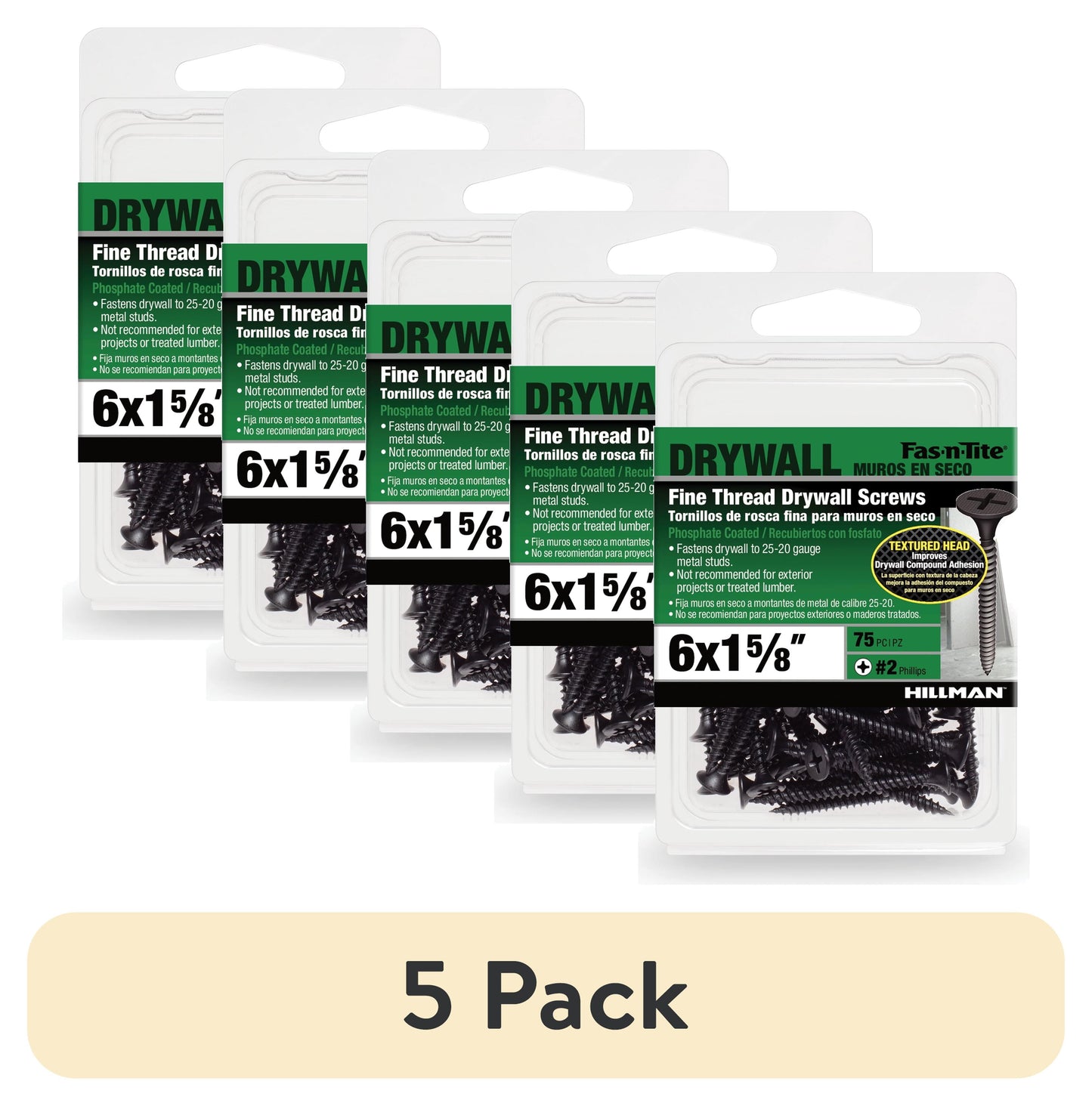 (5 pack) Fas-n-Tite Fine Thread Drywall Screws, #6 x 1-5/8" Interior Screws, Phillips, 75 pack