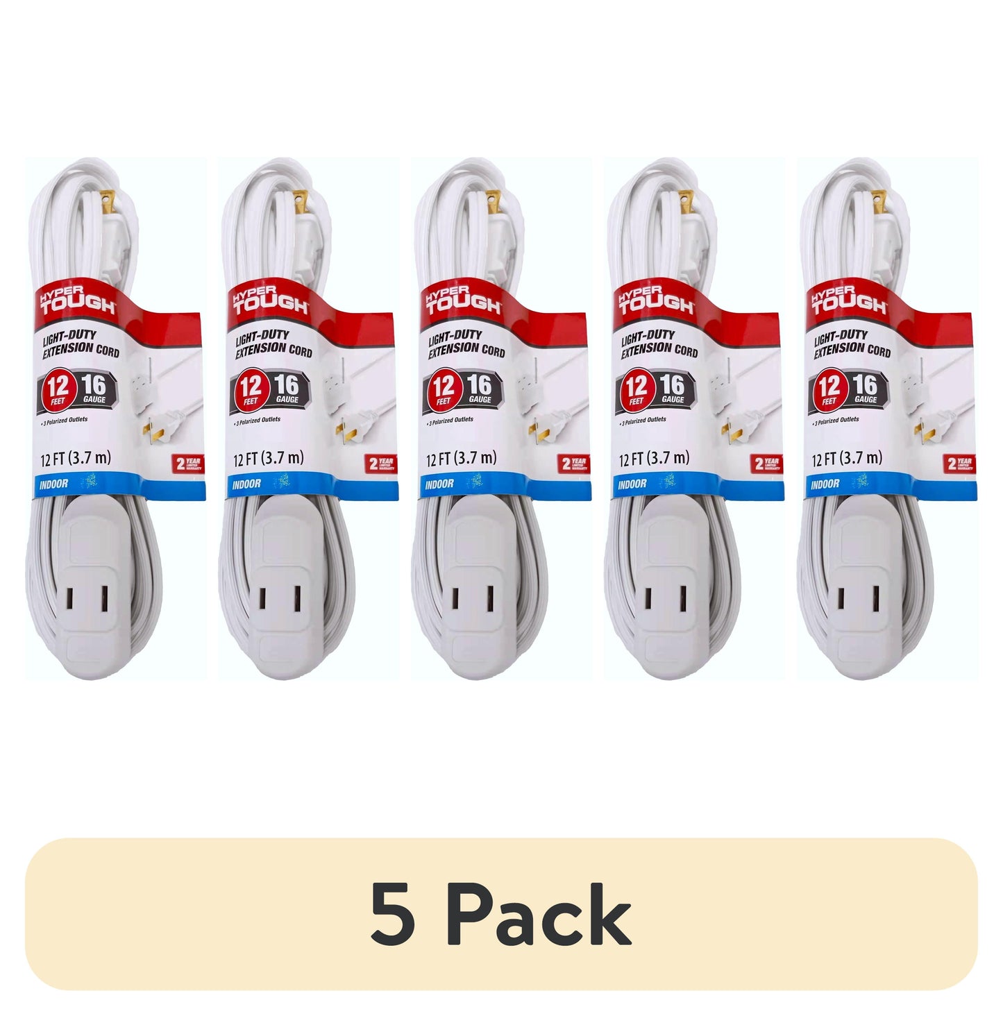 (5 pack) Hyper Tough 12FT 16AWG 2-Prong White Indoor Extension Cord, 125V, 13A
