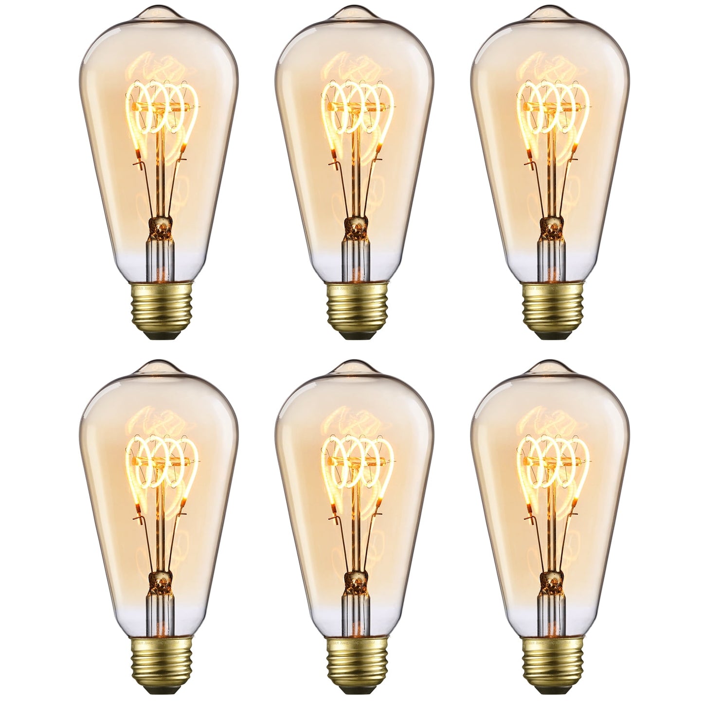 6Pack ST64 LED Light Bulb Dimmable, LED Vintage Edison Bulbs, E26 Base, Antique Squirrel Cage Bulbs, 2000K Amber Light