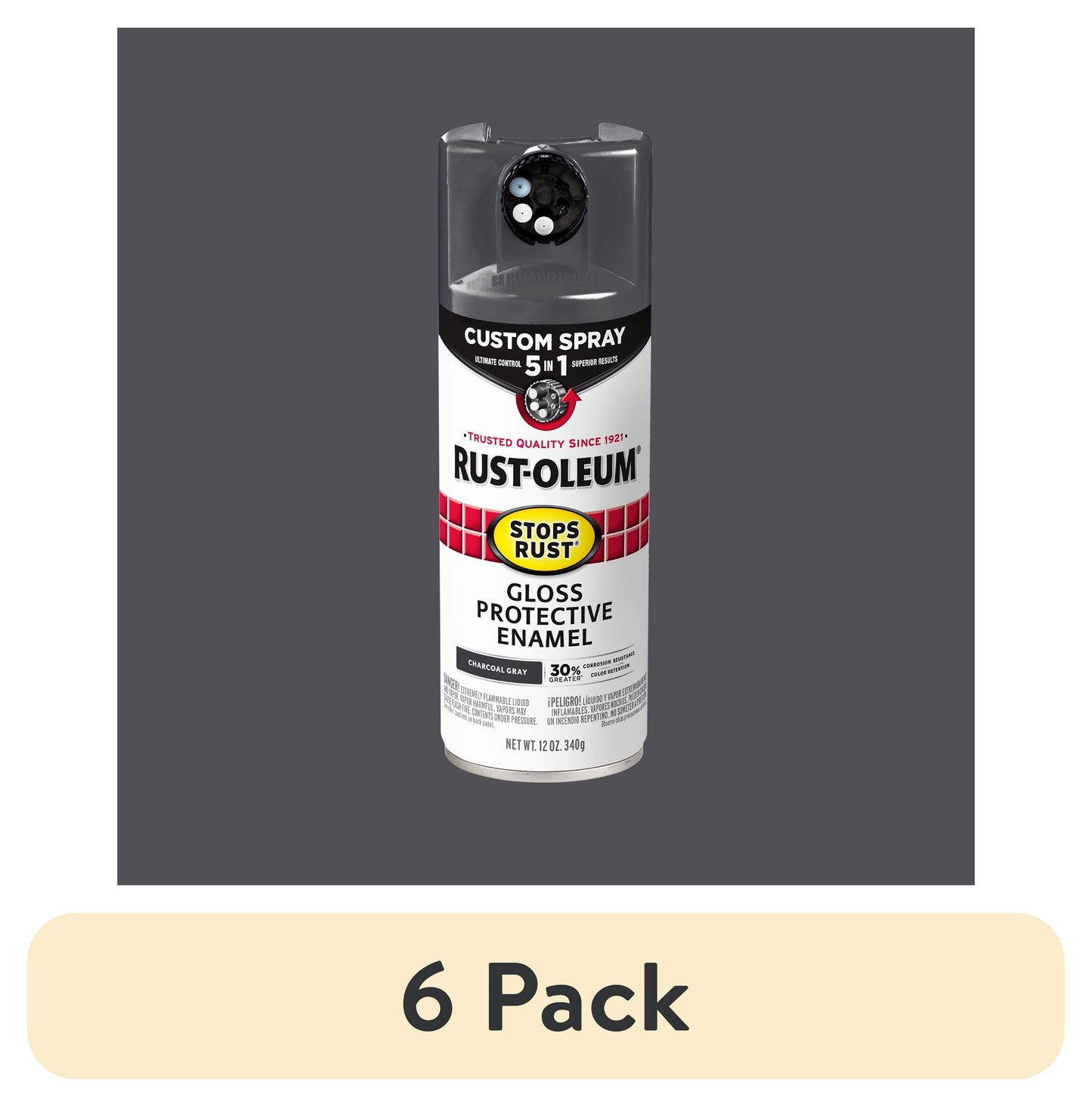 (6 pack) Charcoal Gray, Rust-Oleum Stops Rust Custom Sprays 5 in 1 Gloss Spray Paint-376888, 12 oz