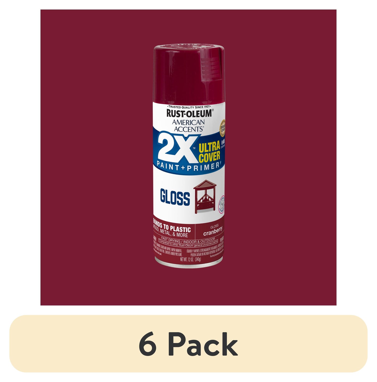 (6 pack) Arándano Rojo, Rust-Oleum American Accents 2X Ultra Cover Pintura en Aerosol Brillante-327893, 12 oz