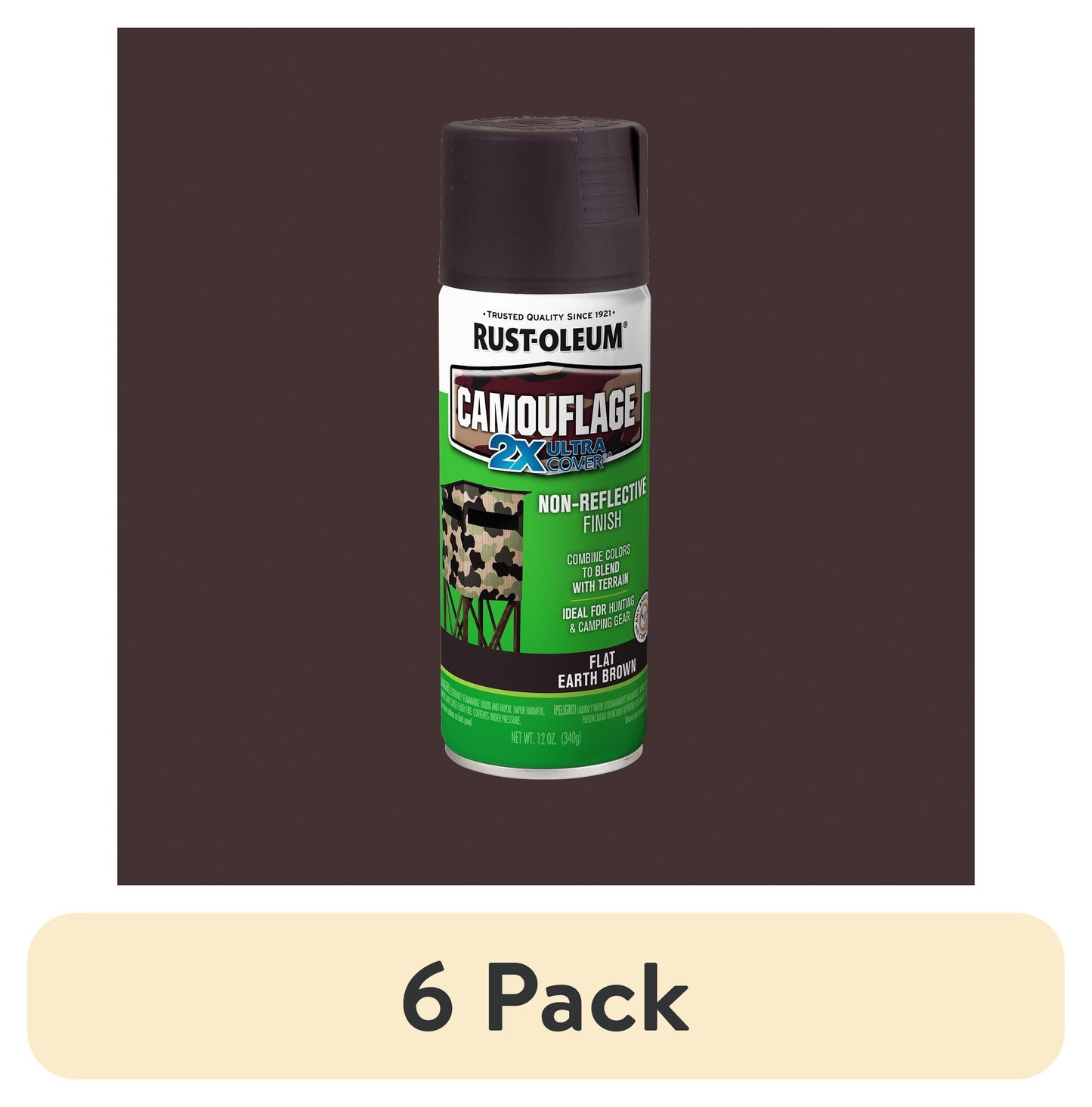 (6 pack) Earth Brown, Rust-Oleum Camouflage 2X Ultra Cover Flat Spray Paint-279178, 12 oz
