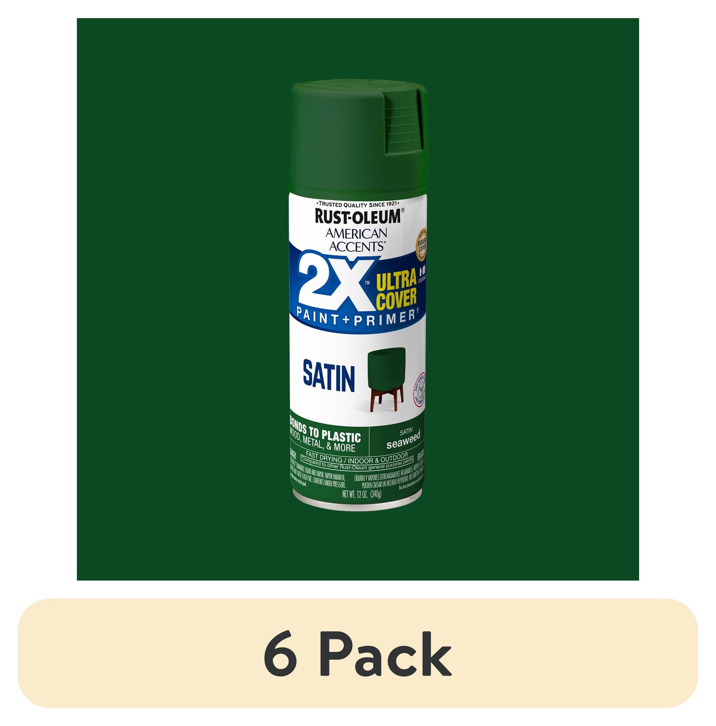 (6 pack) Seaweed, Rust-Oleum American Accents 2X Ultra Cover Satin Spray Paint-383195, 12 oz