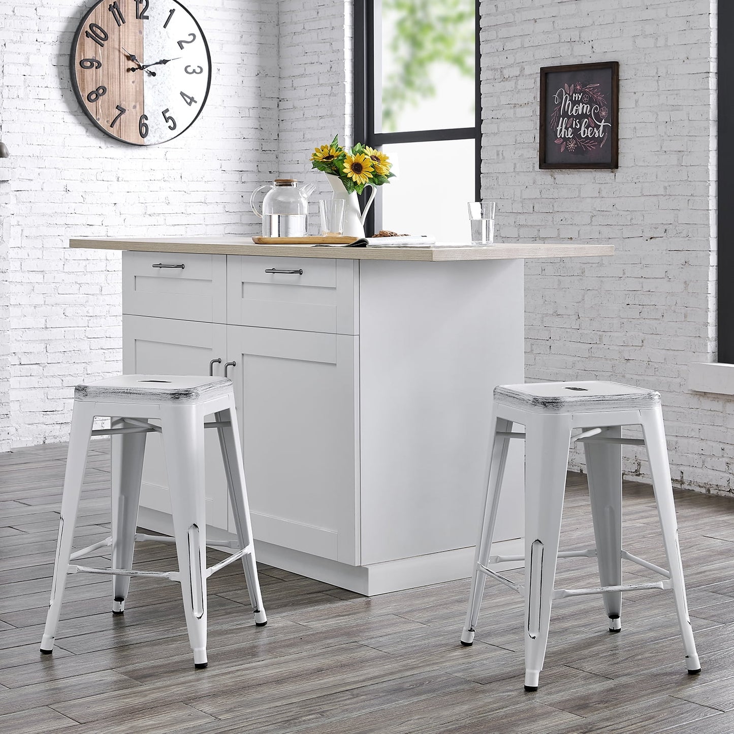AC Pacific 24†Metal Backless Barstool Set of 2 – Country Rustic Style, Lightweight & Sturdy Build, Easy Assembly – Distressed Matte White