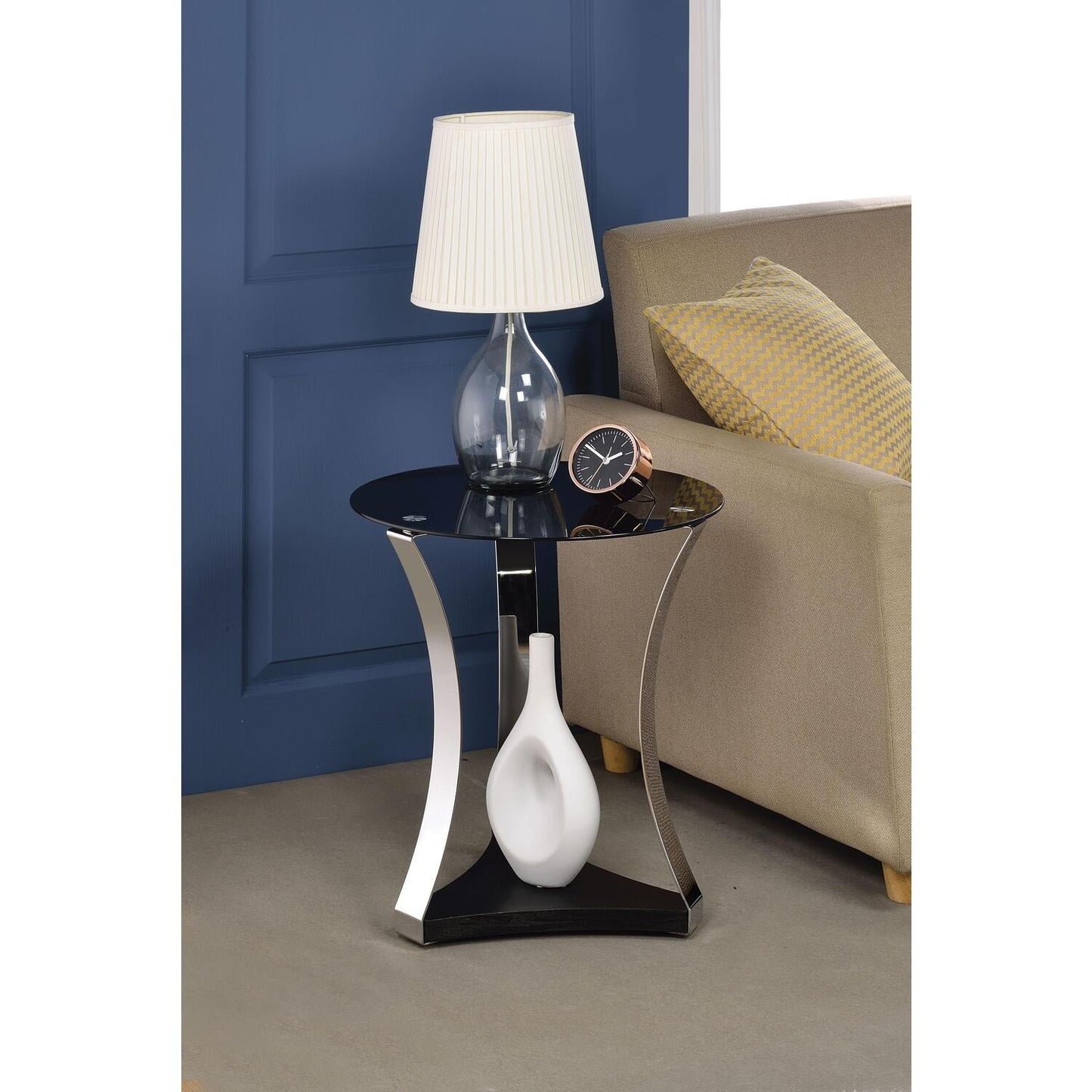 ACME Geiger Round Glass Top End Table in Black and Rose Gold