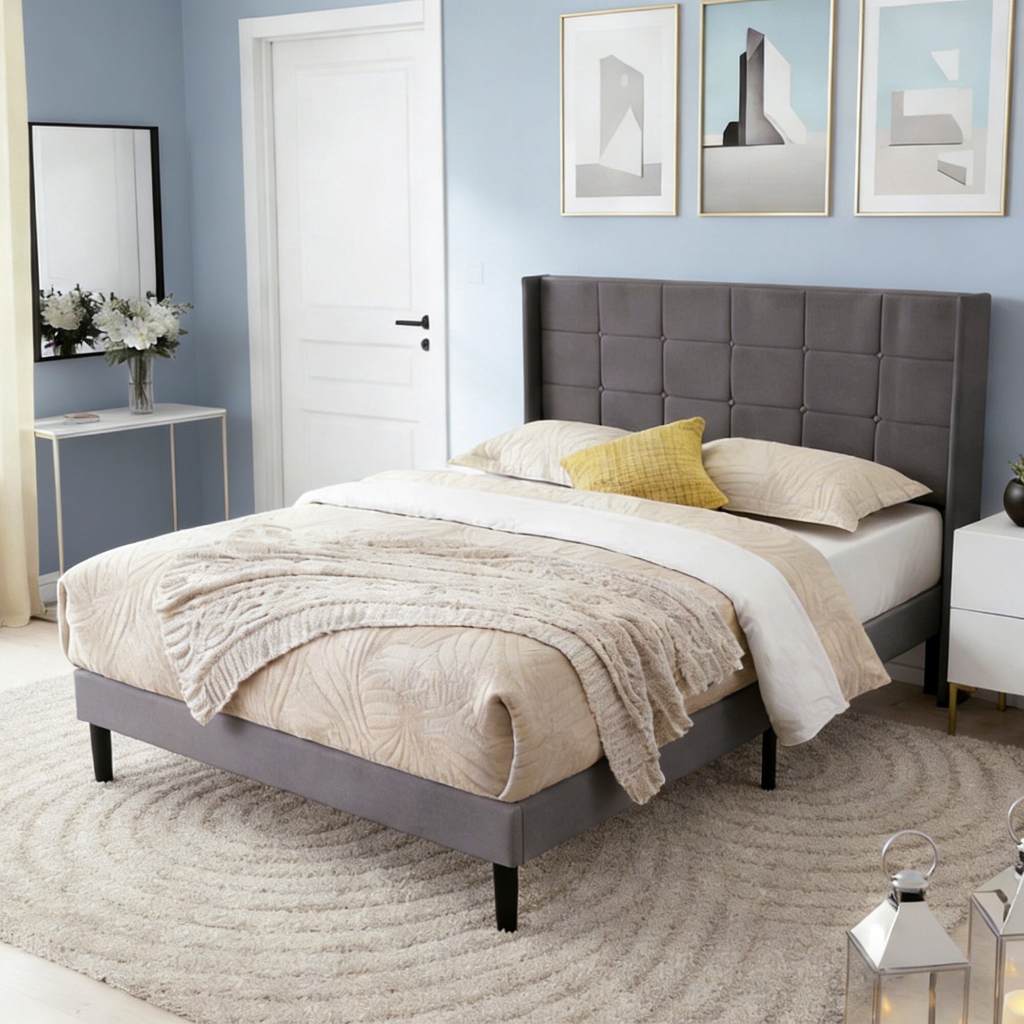AENKYO Full Size Upholstered Bed Frame with Tufted Headboard & Slat Support, No Box Spring Needed, Dark Gray