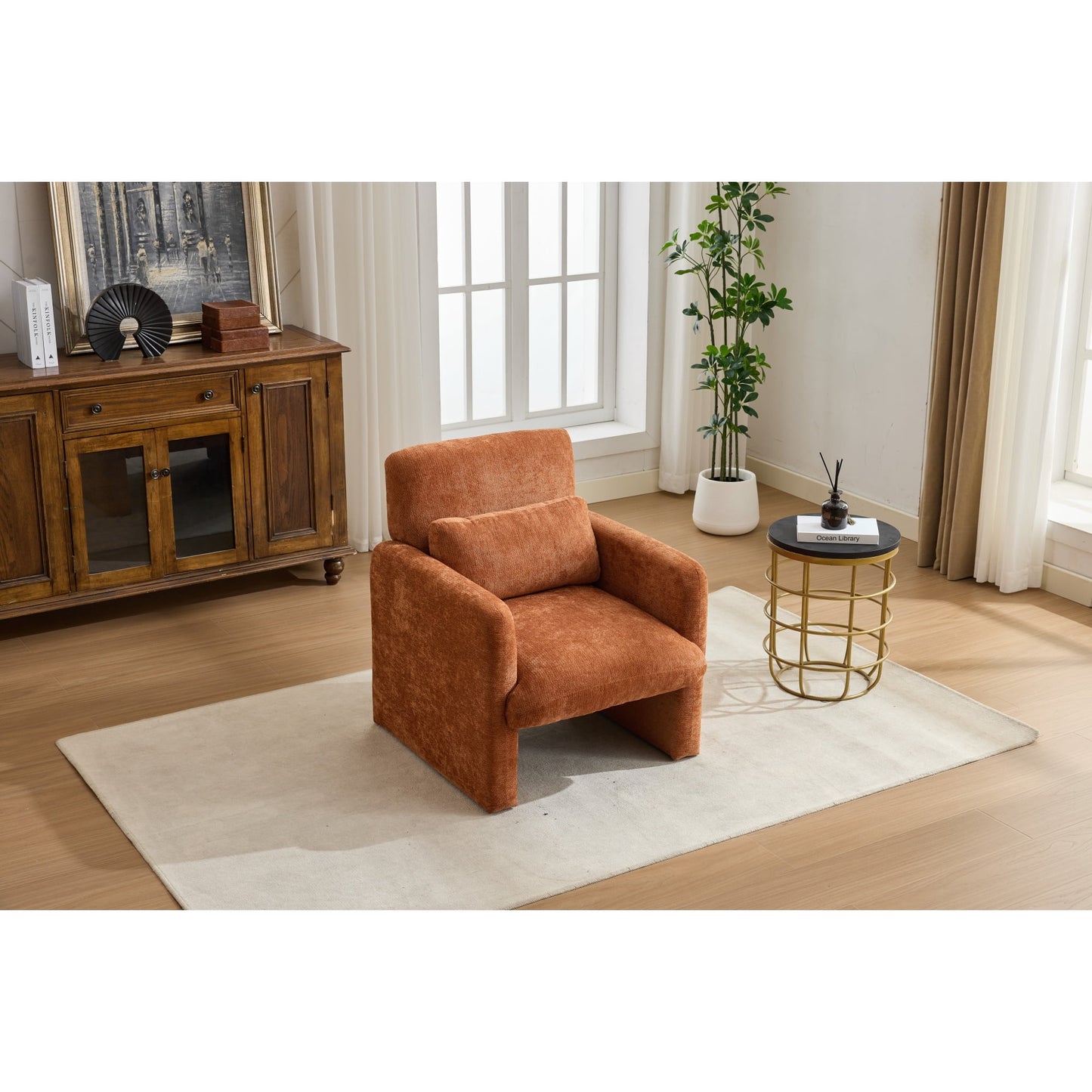 Accent Chair, Armchair, Chenille Chair Modern Upholstered Fabric Accent Armchair with Solid Wood Frame for Living Room, Bedroom, Apartment, Orange