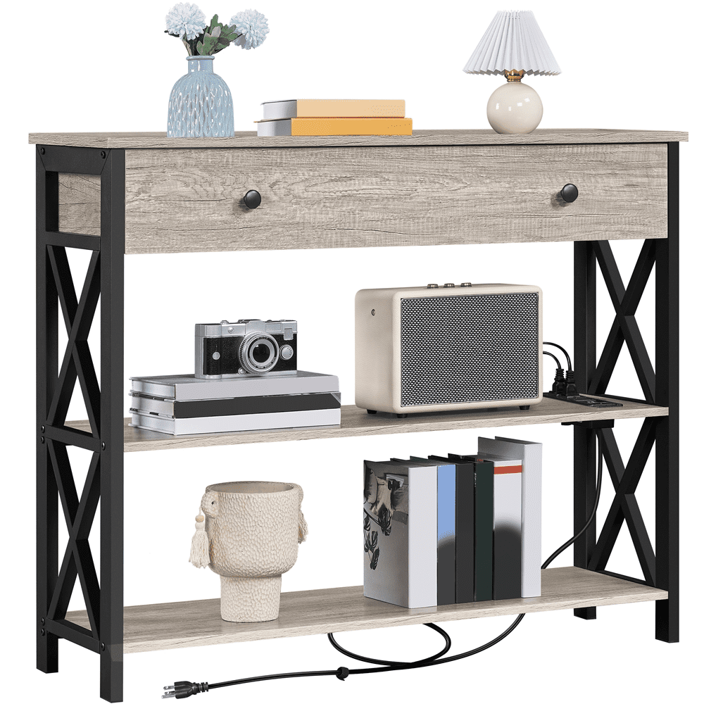 Alden Design Vintage Wood Console Table with Power Outlet & 1 Drawer for Entryway, Rustic Brown