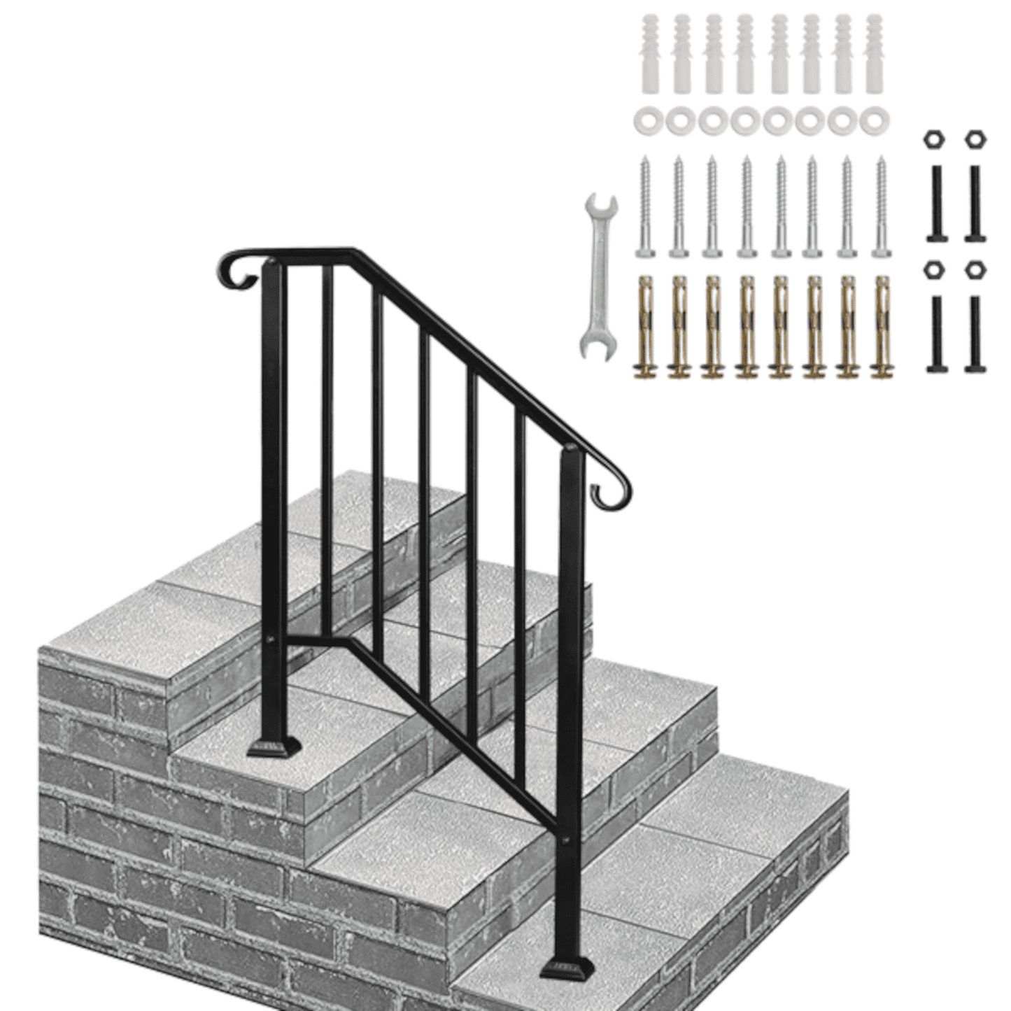 Alvantor 3 Step Handrails for Outdoor Steps,Iron Picket Design for Garden,House Entry Steps,Porch,Complete Installation Kit