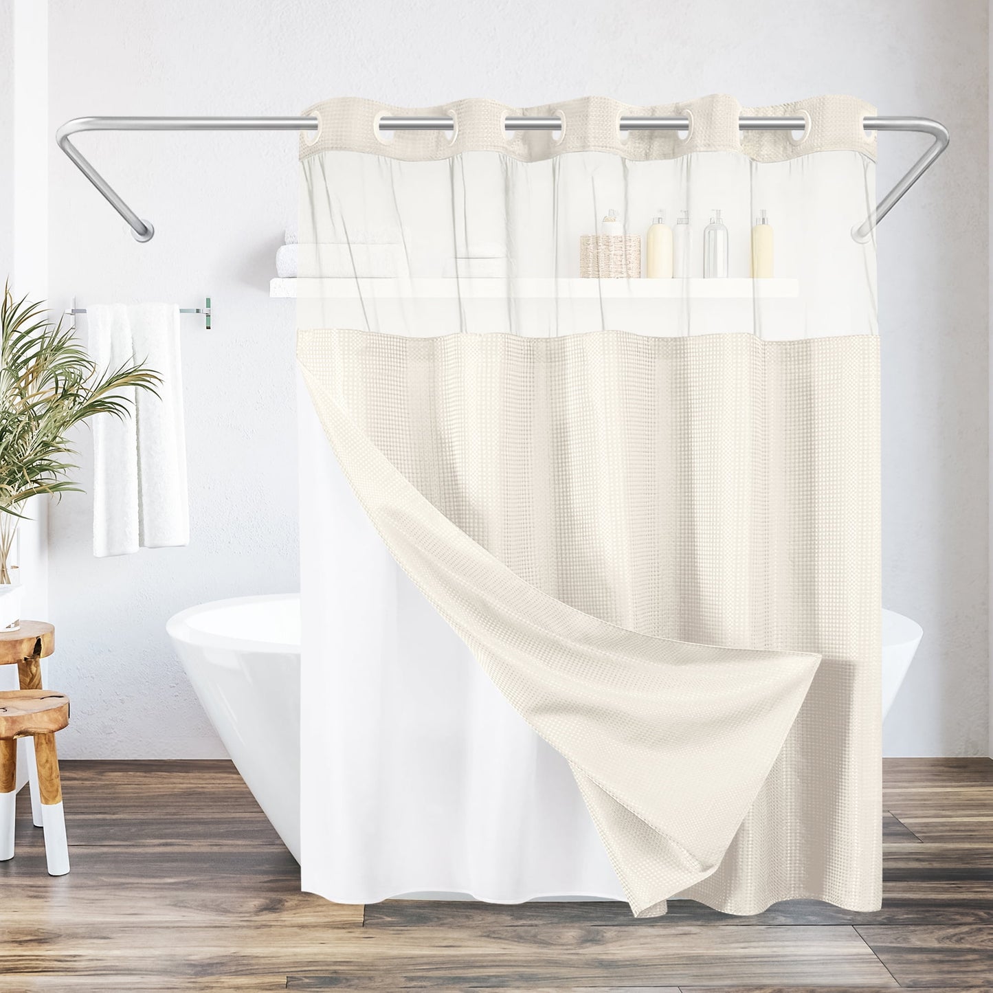 Americanflat 72x75 Black Hookless Waffle Pattern Shower Curtain - Water-Resistant Long Shower Curtain with Sheer Panel, Snap-In Liner, and Grommets