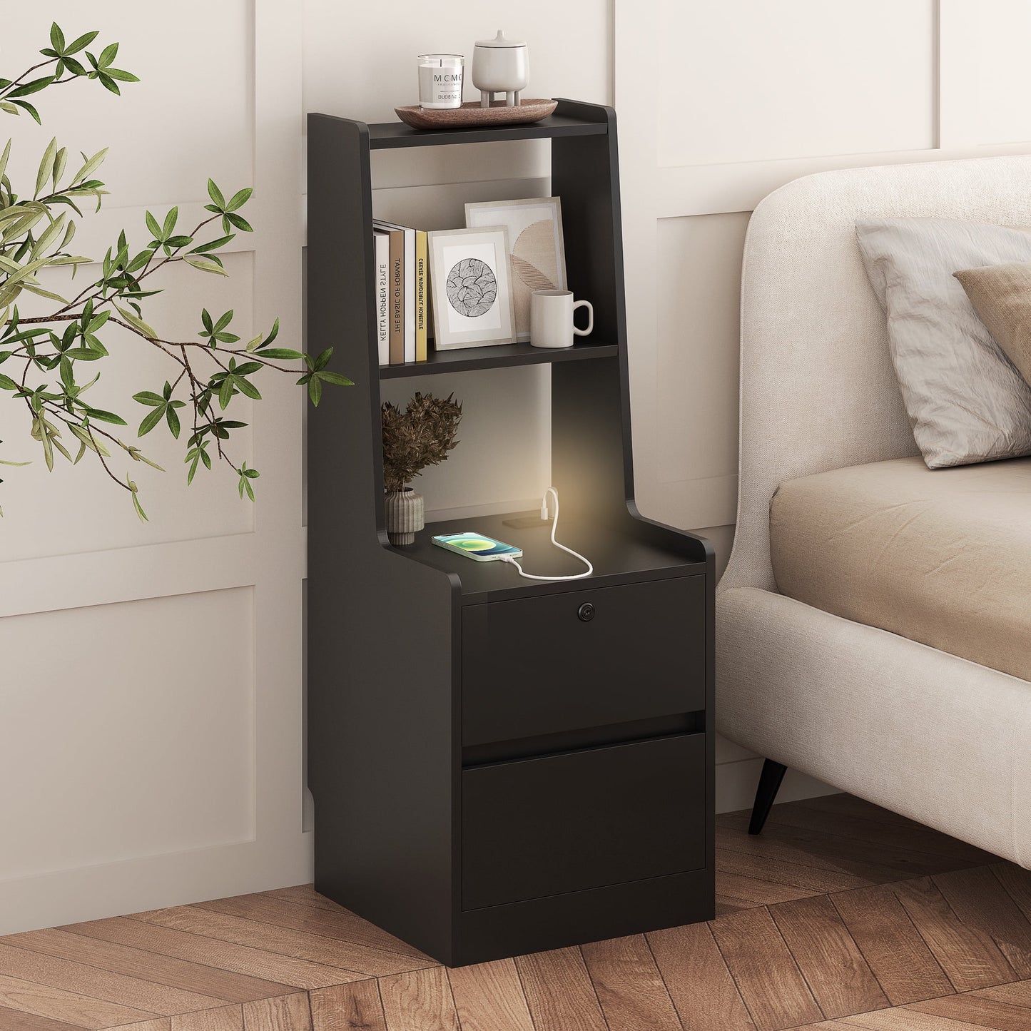 Aukfa Modern Nightstand with Charging Station & Night Light,Bedside Tables for Bedroom,Black