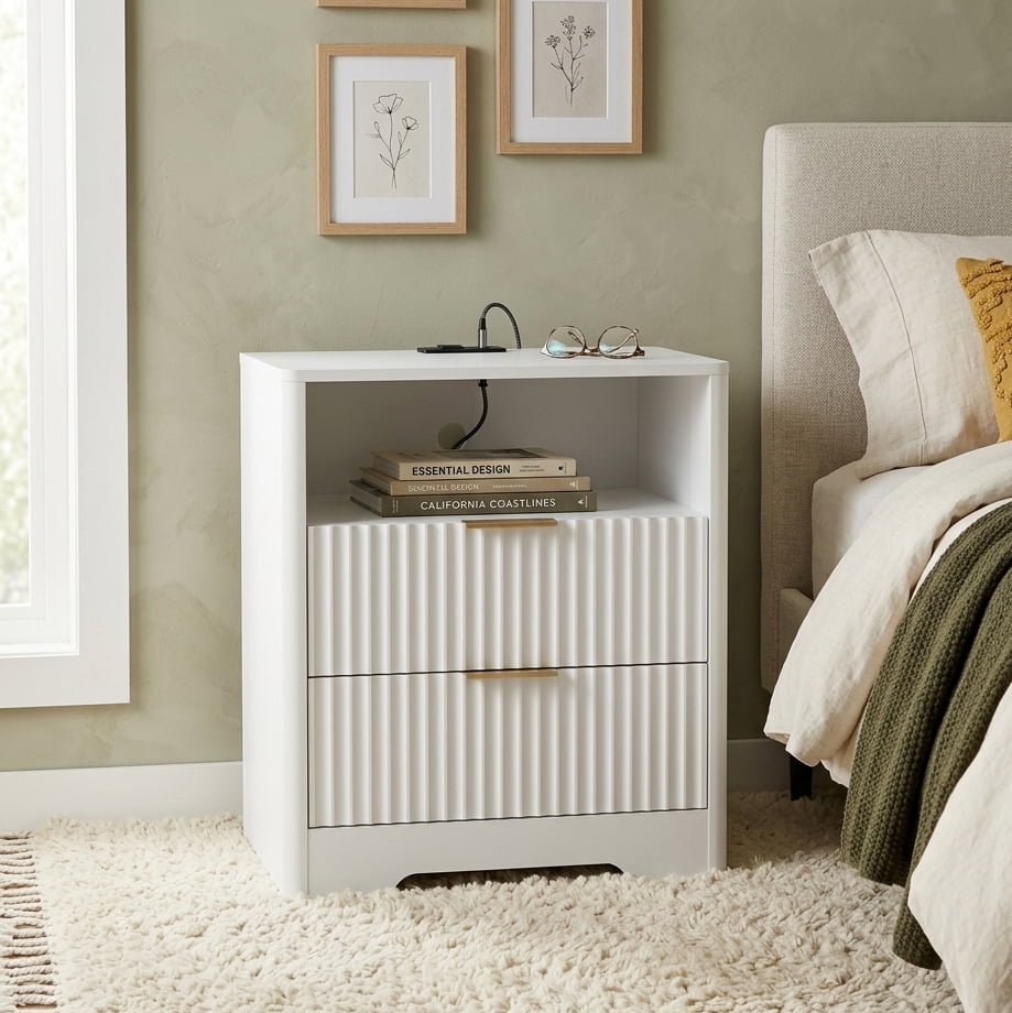 Aukfa Smart 2 Drawer Nightstand with Voice Control & Charging Station,7-Color LED Bedside Table for Bedroom,White