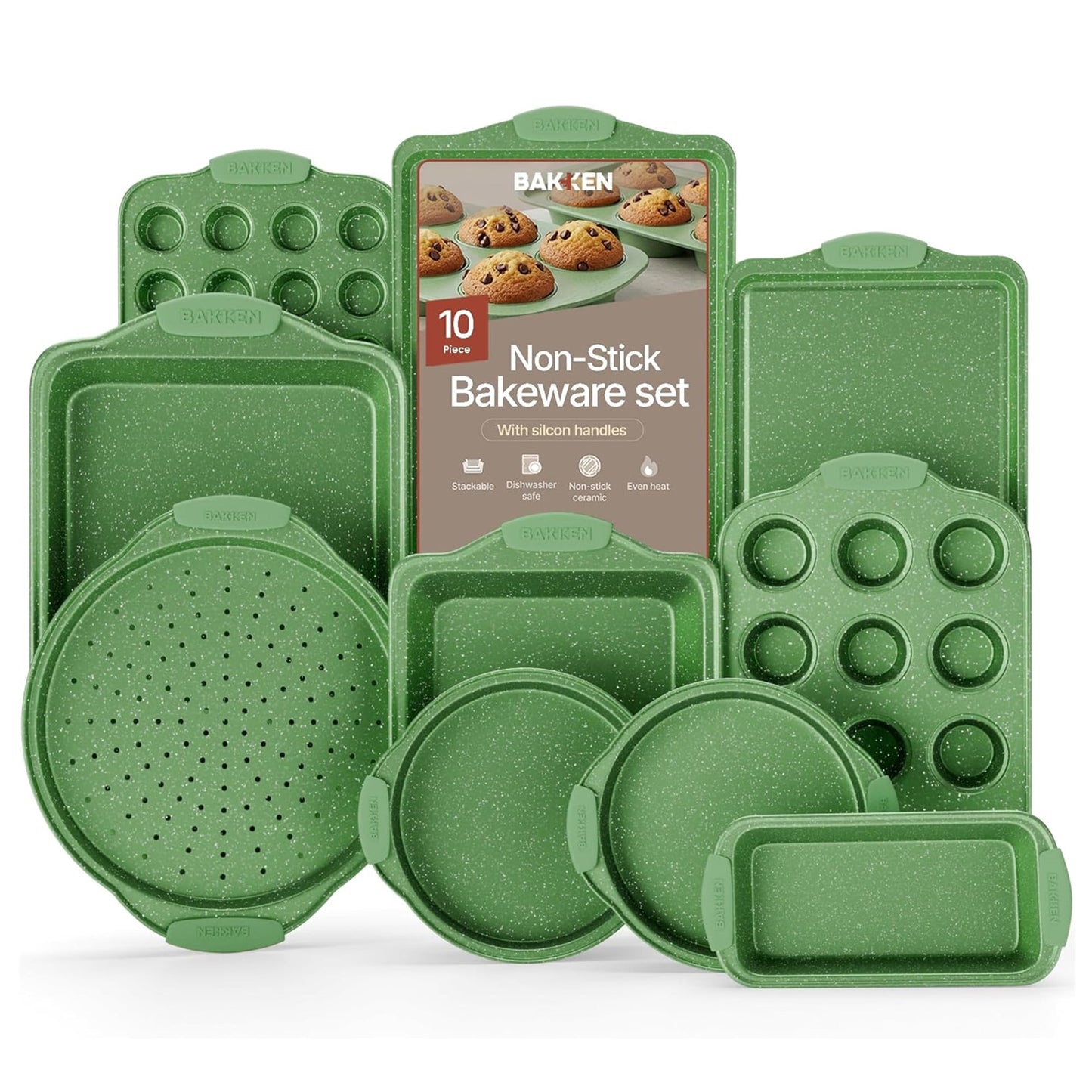 Bakken- Swiss Kitchen Baking Pan Set - Nonstick Green Marble Coating, Carbon Steel Bakeware Sets with Green Silicone Handles, Kitchen Essentials, Oven Safe (Up To 450° F), Set of 10
