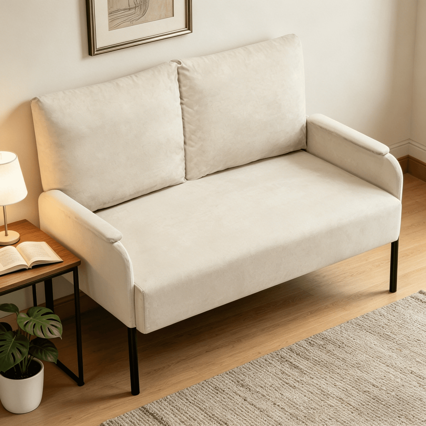 BSHTI 45.7" Metal Frame Loveseat Couch – Solid Wood & Iron Combination, High-Density Foam Seat, Removable Washable Back Cushion, for Small Spaces, Apartments,Beige