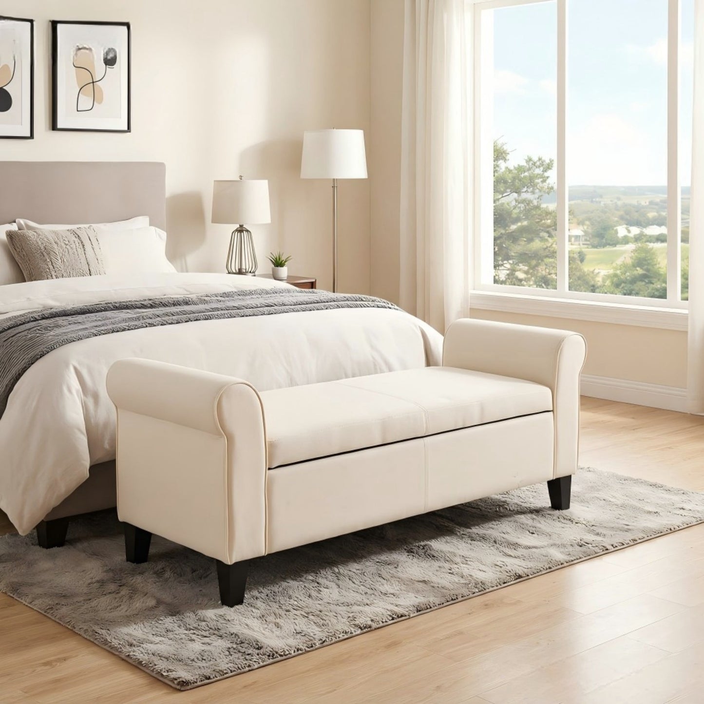 BSHTI 50" Flip Top Storage Bench with Tufted Cushion & Rolled Armrests – Solid Wood Frame, Hidden Storage Compartment, Tapered Legs – For Entryway, Bedroom, Living Room,Beige