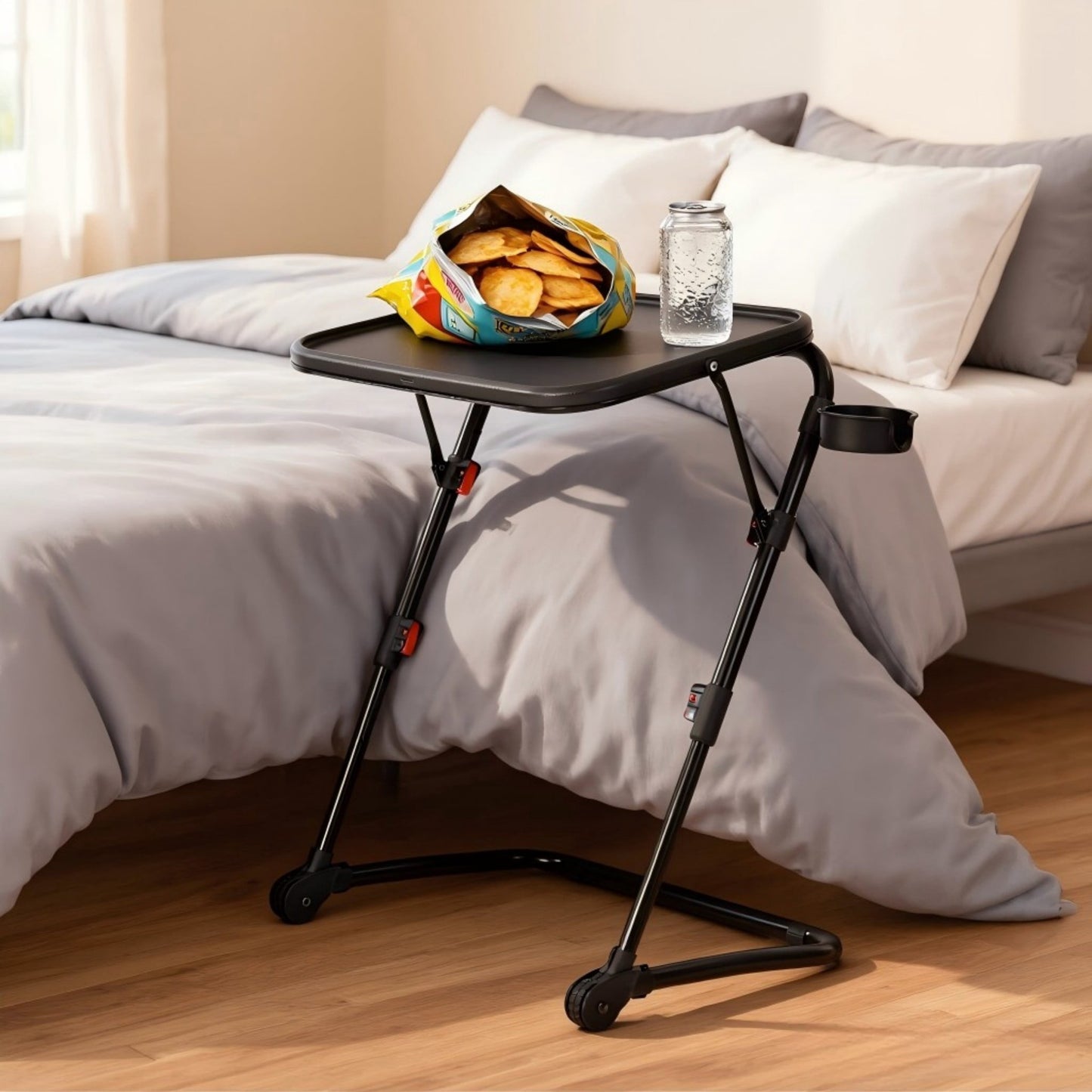 BSHTI Folding Table Tray with 4 Height & 3 Tilt Angle Settings – TV Tray Table with Cup Holder, Portable Laptop Desk for Eating on Couch or Bed, Space-Saving, Black
